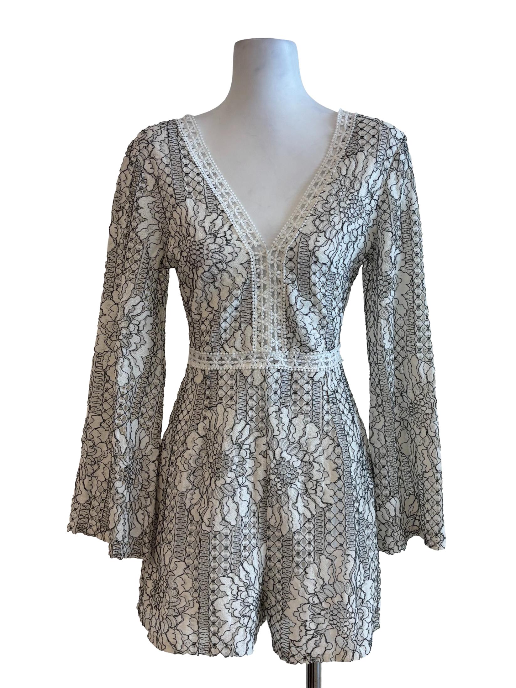 White Black Floral Lace Rompers