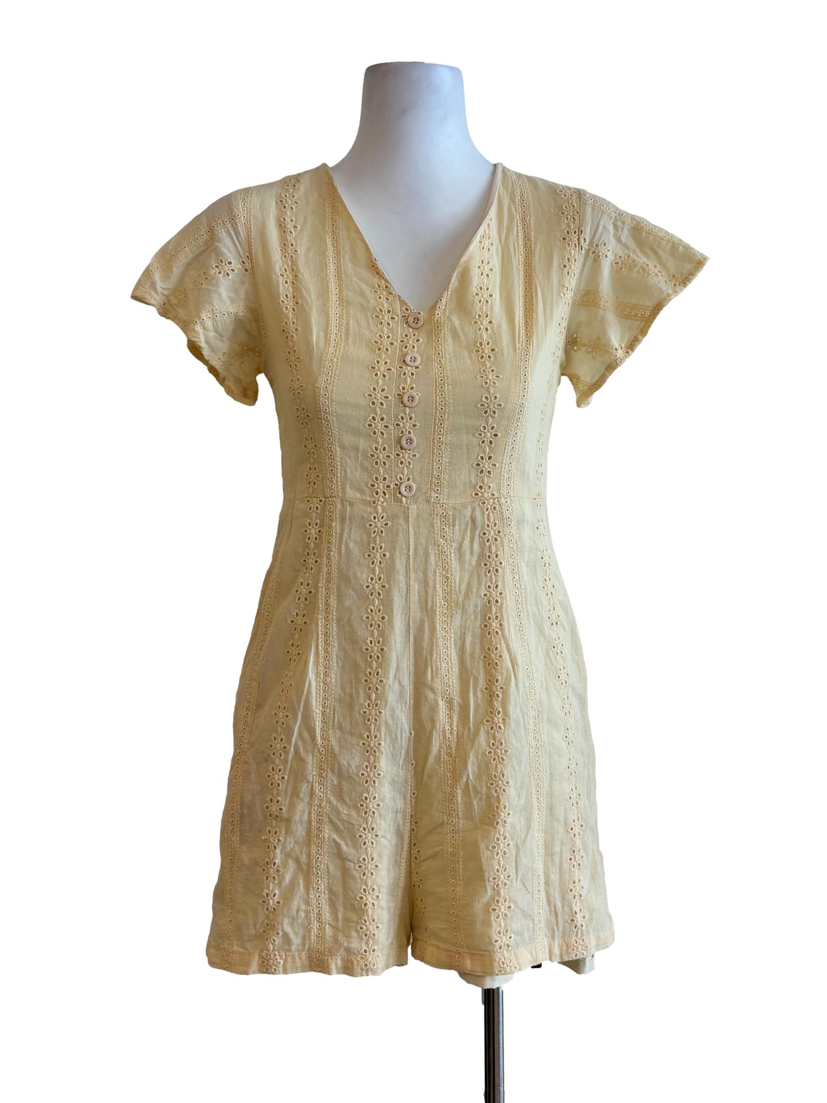 Butter Yellow Embroidered Cotton Rompers