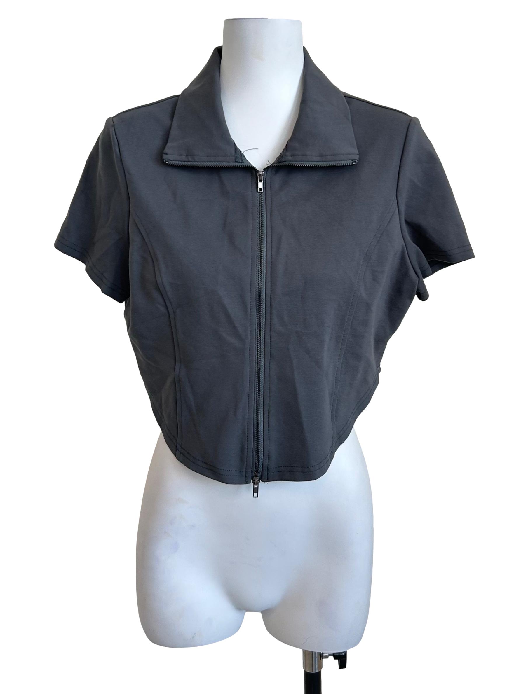 Charcoal Zip Front Cropped Top TTR