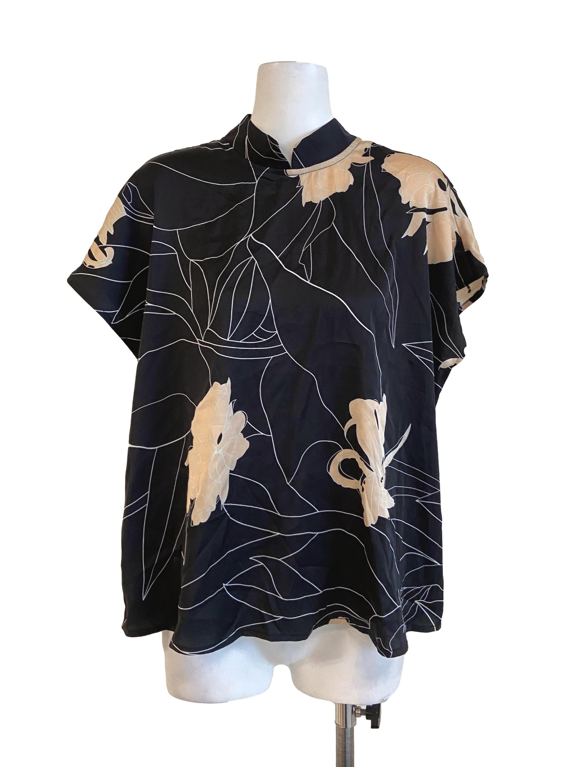 Black High Neck Floral Batwing Sleeve Blouse
