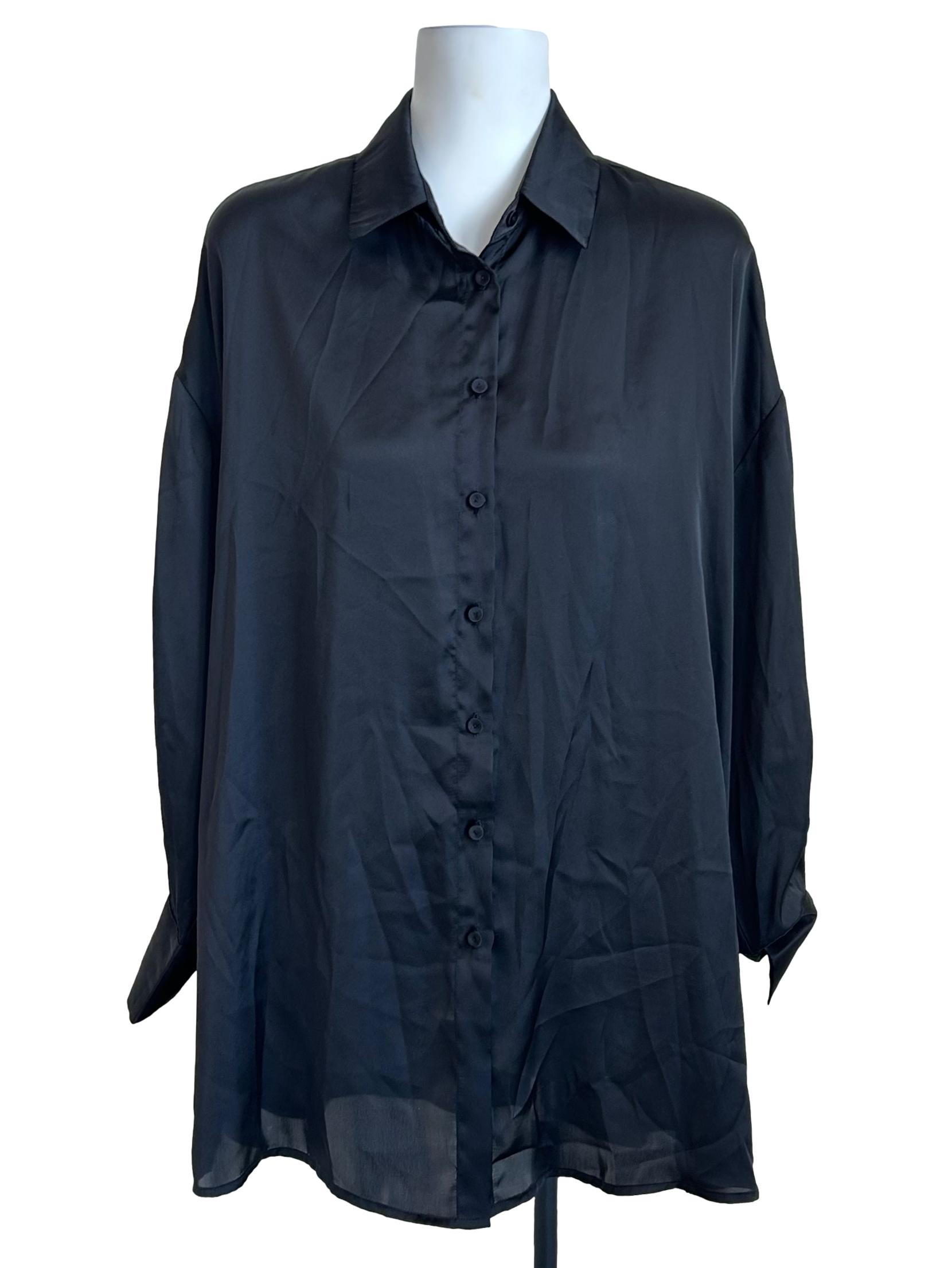 Black Long Sleeve Satin Shirt YHF