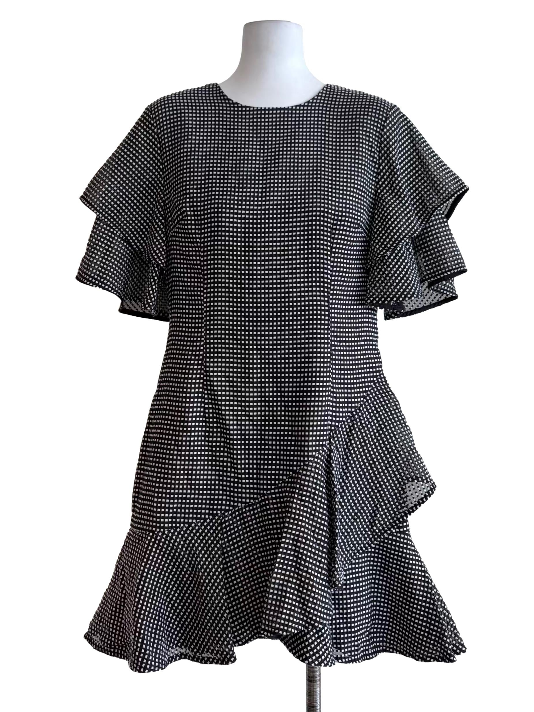 Raven Black Plaid Flutter Sleeves Tiered Bottom A-Line Dress