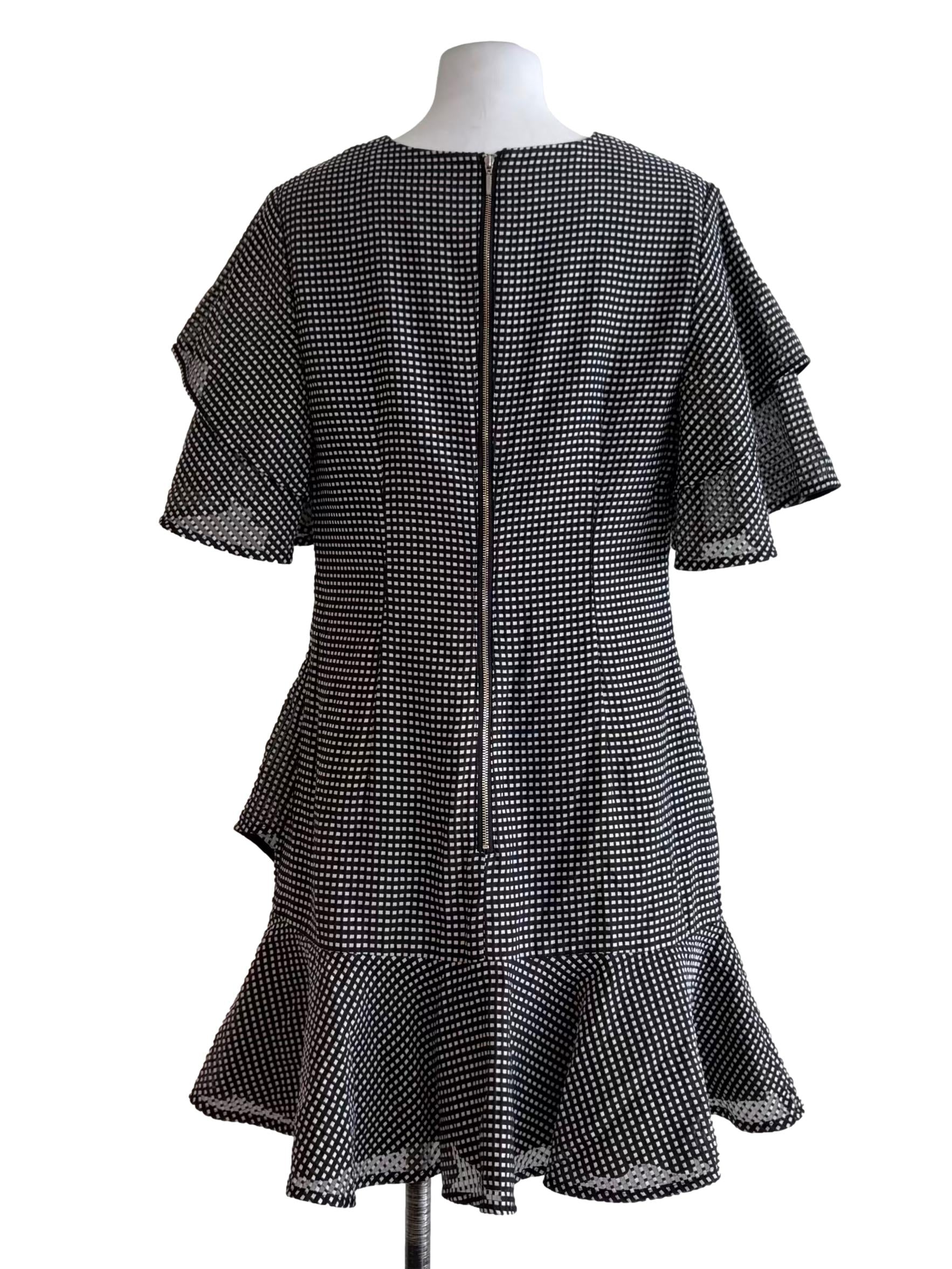 Raven Black Plaid Flutter Sleeves Tiered Bottom A-Line Dress