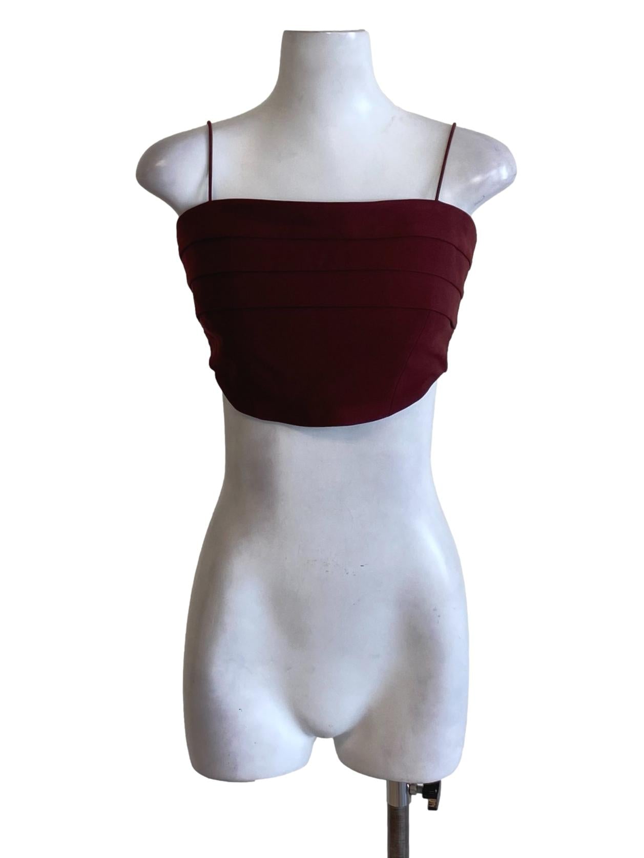 Currant Red Box Pleated Spaghetti Strap Waisted Cropped Top