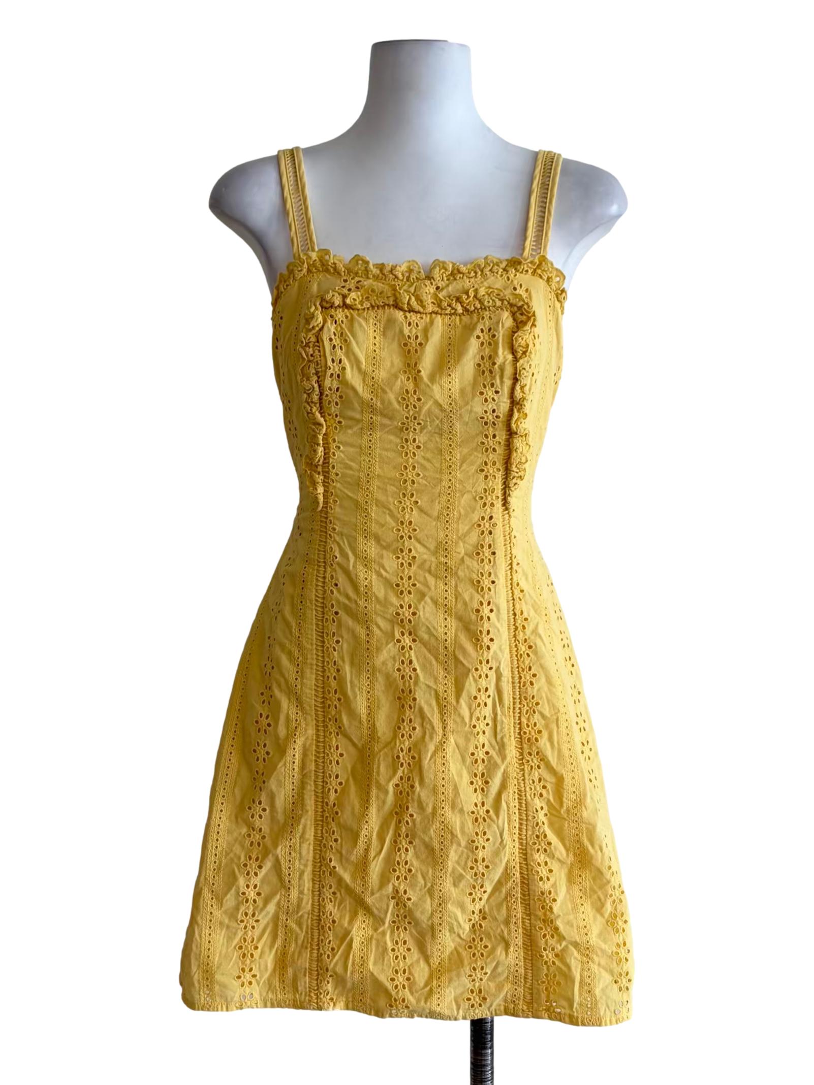 Blonde Yellow Eyelet Ribbon Back Apron Dress