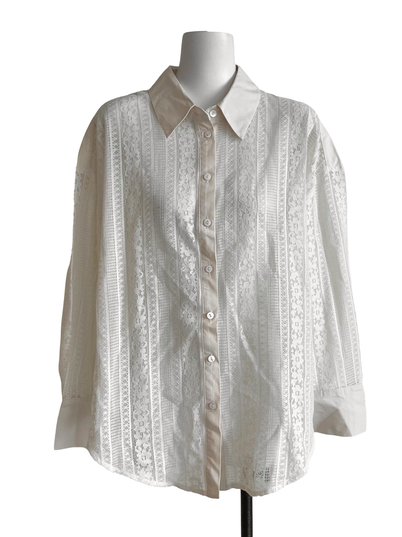 Cream White See-Through Buttoned Shirt LB