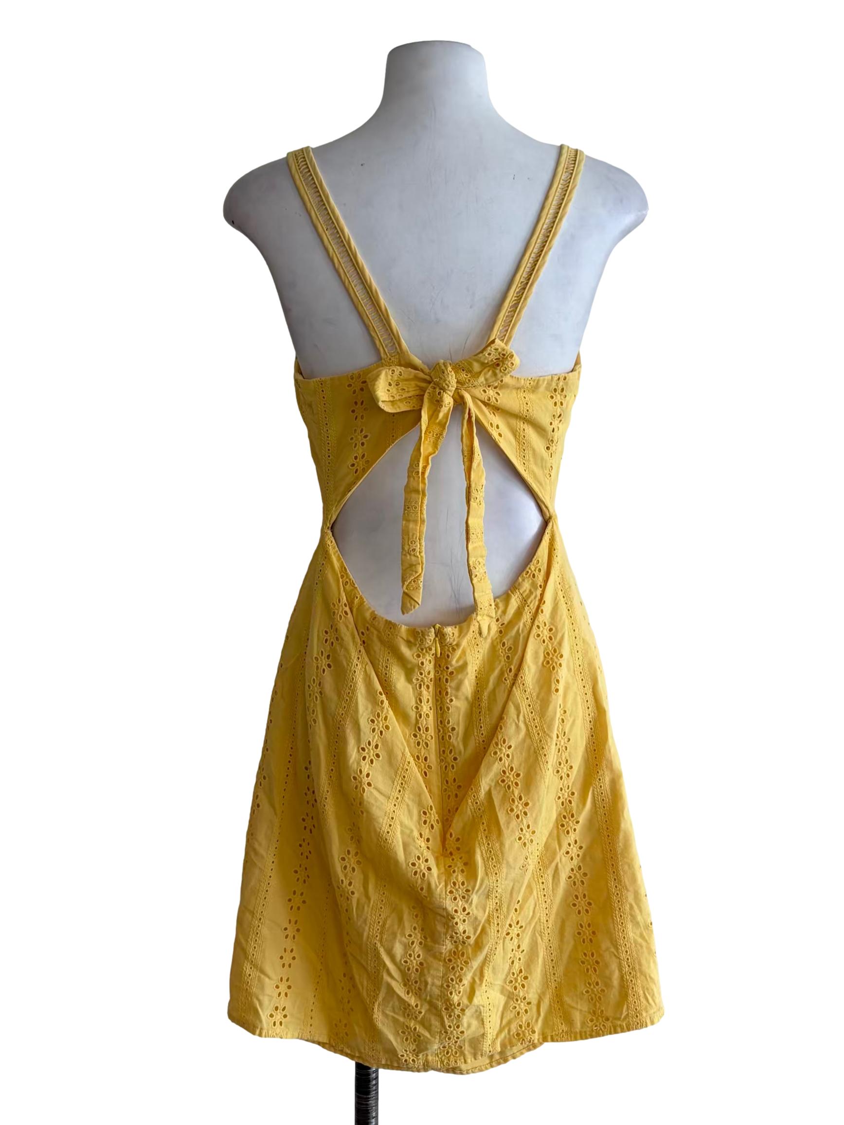 Blonde Yellow Eyelet Ribbon Back Apron Dress