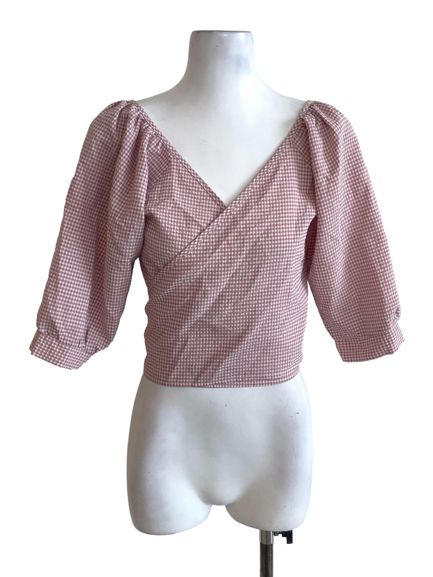 Pink And White Checked Wrap Top
