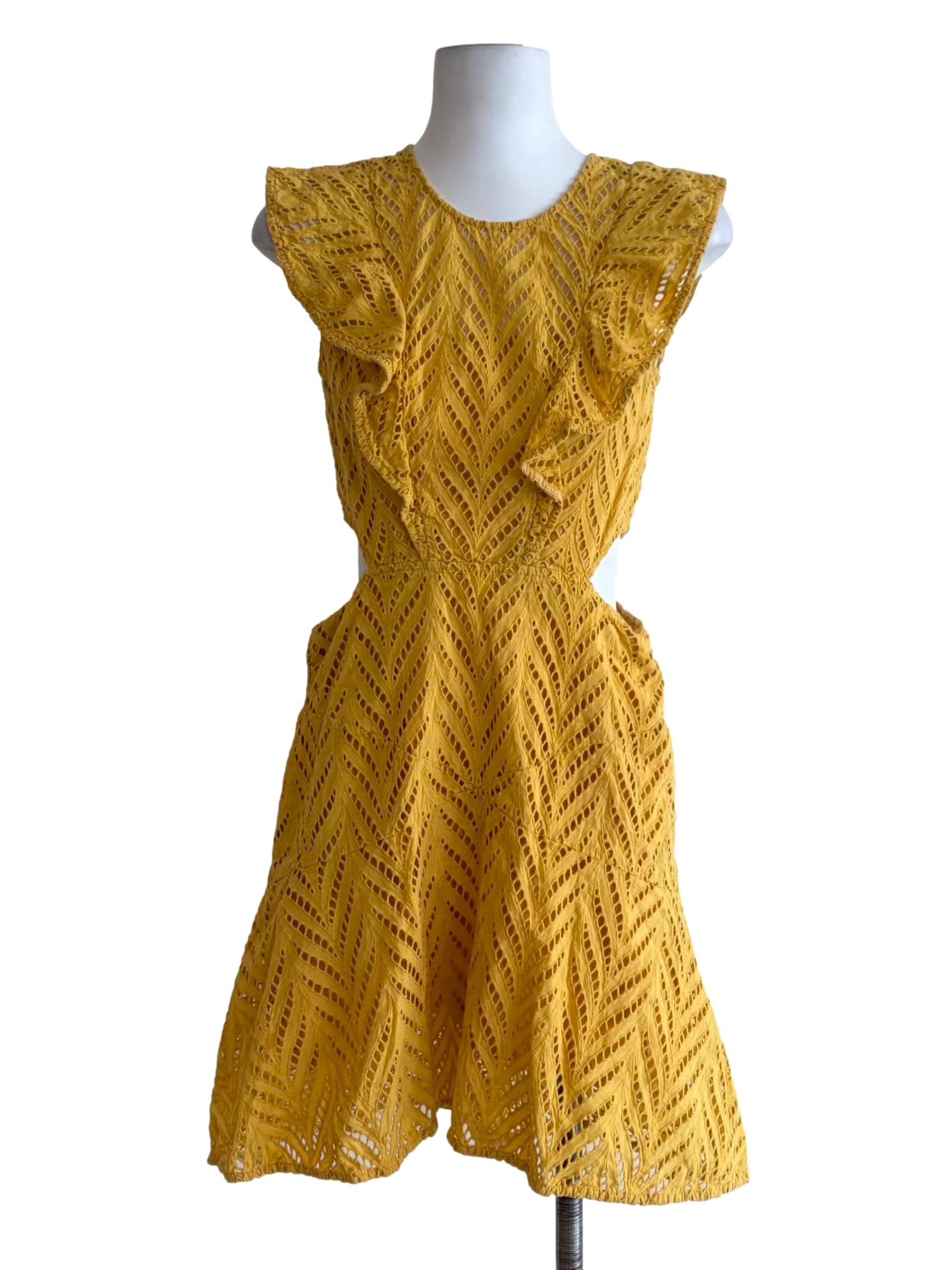 Corn Yellow Eyelet Flutter Front A-Line Dress
