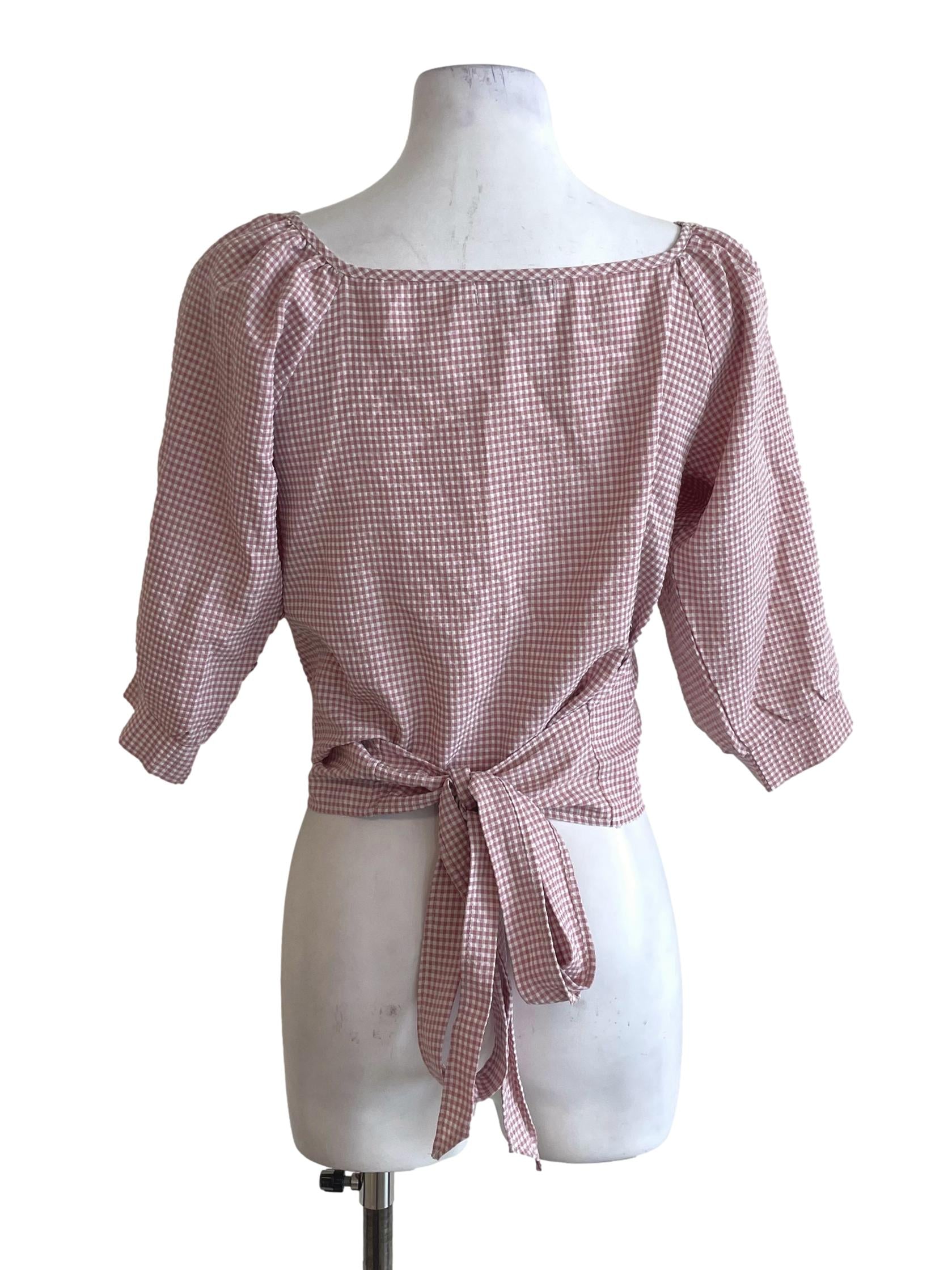 Pink And White Checked Wrap Top