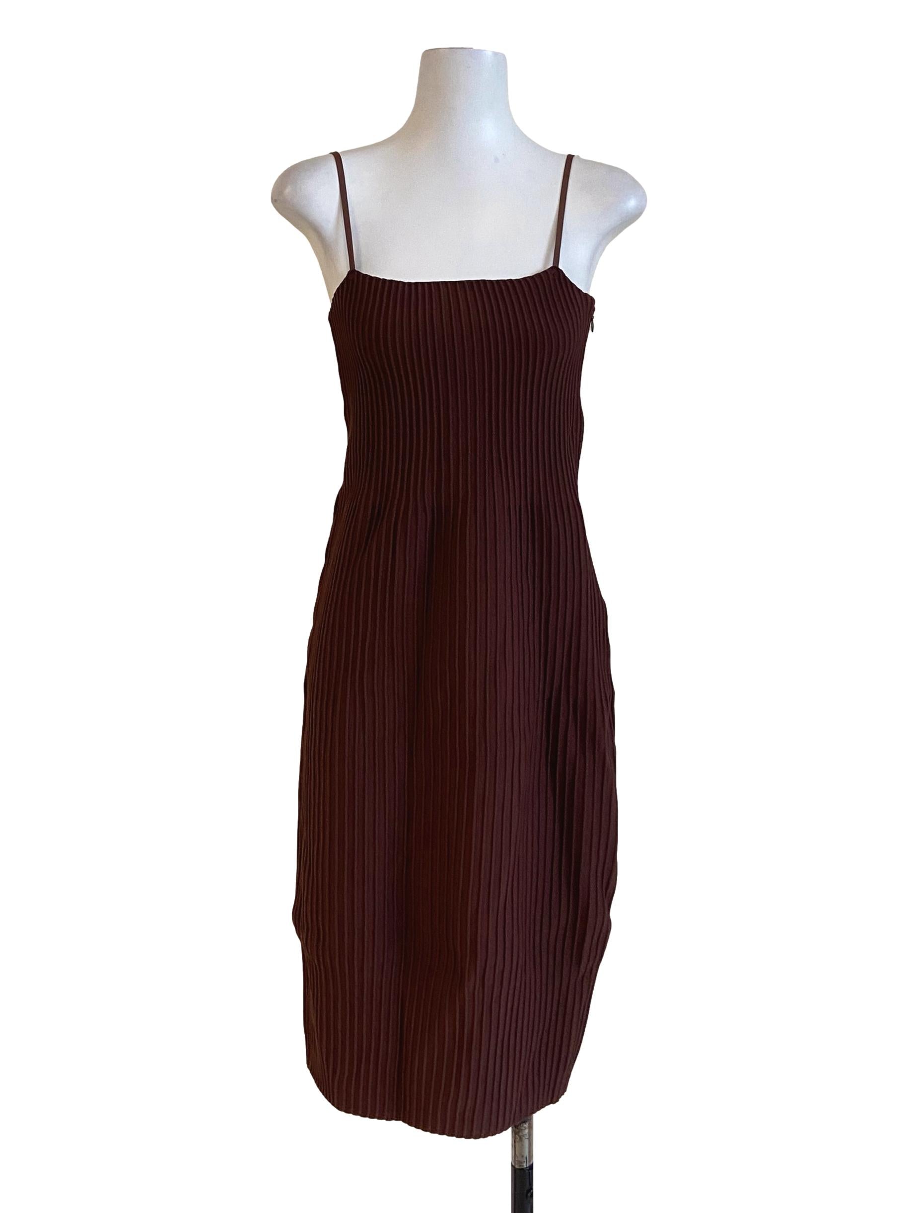 Caramel Brown Spaghetti Straps Pencil Stripe Dress LB
