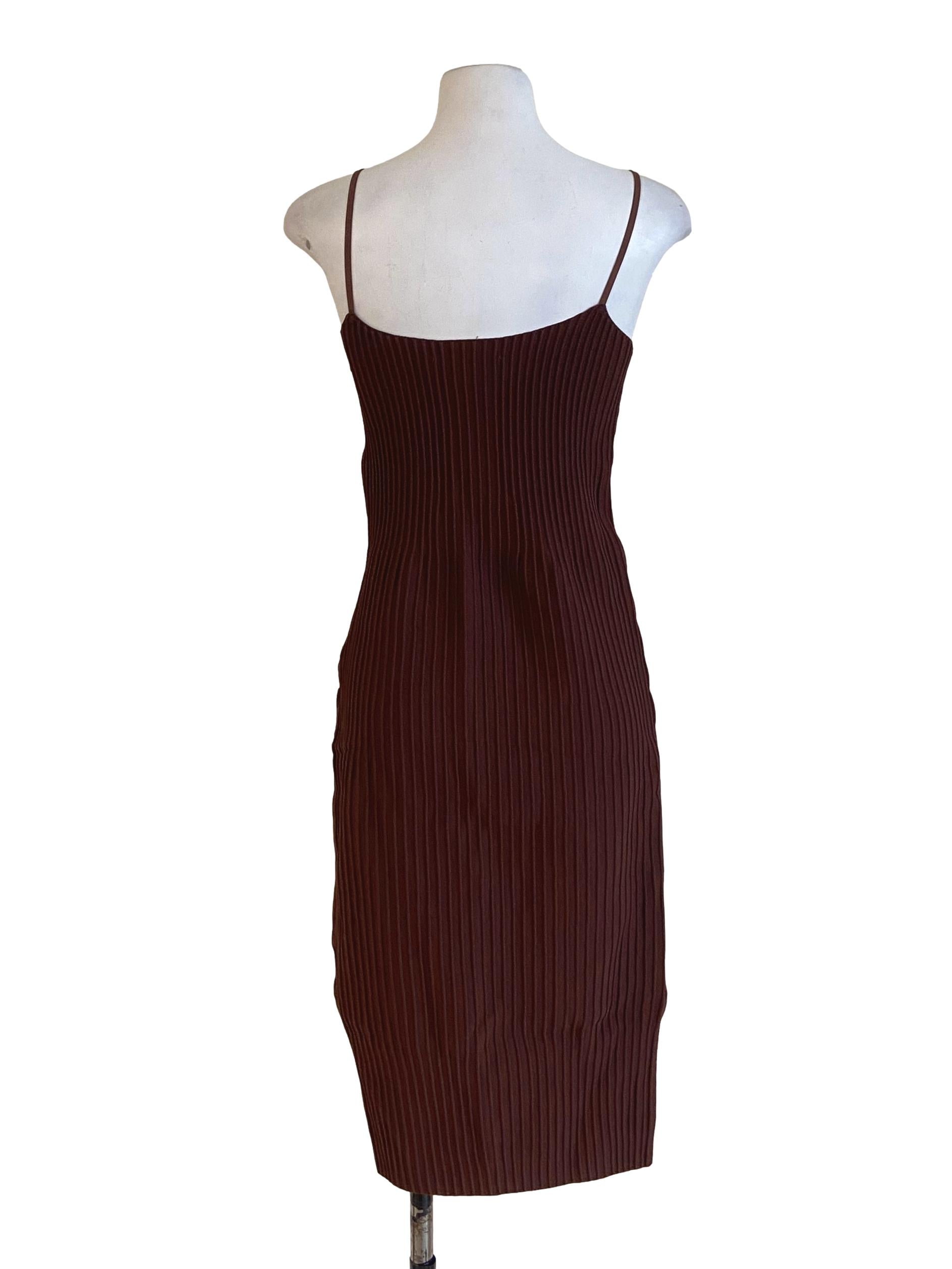 Caramel Brown Spaghetti Straps Pencil Stripe Dress LB