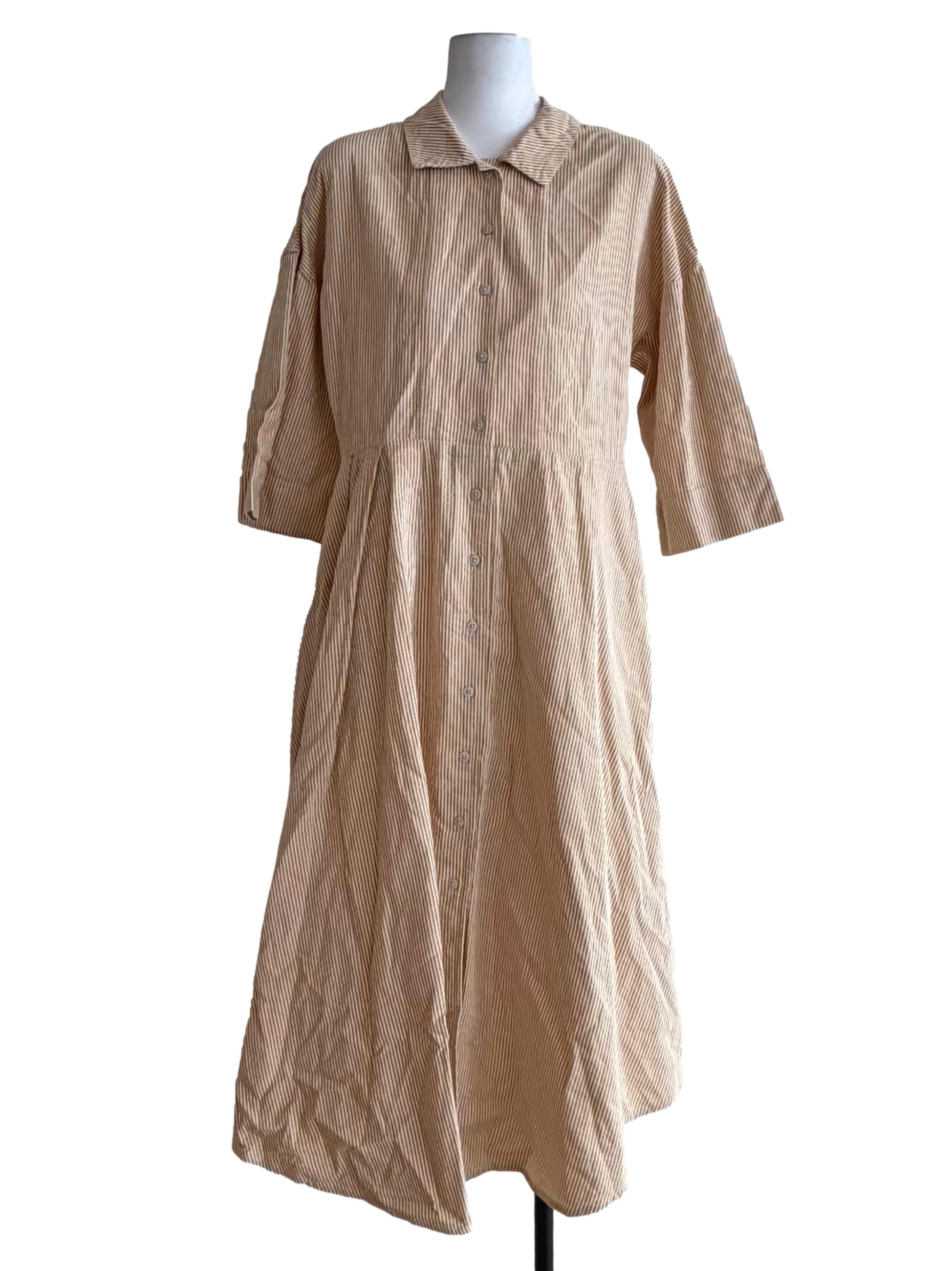 Butter Yellow White Stripes Collar Button Down Dress