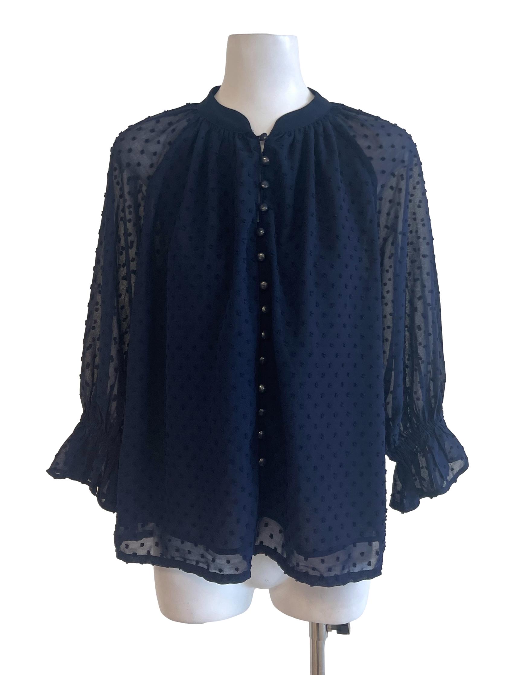Navy Blue Sheer Swiss Dot Chiffon Blouse