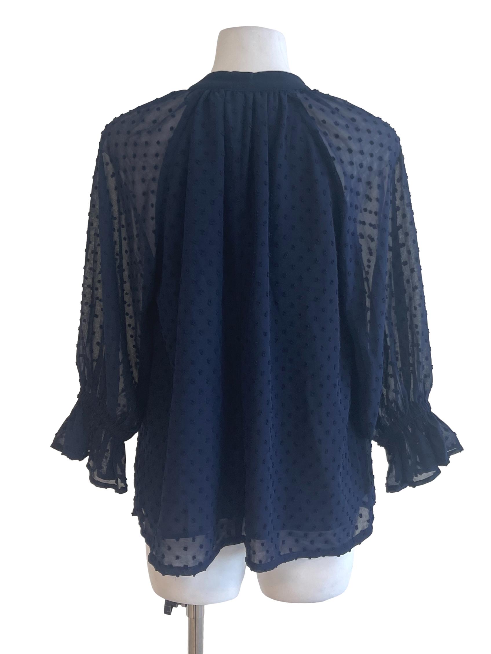 Navy Blue Sheer Swiss Dot Chiffon Blouse