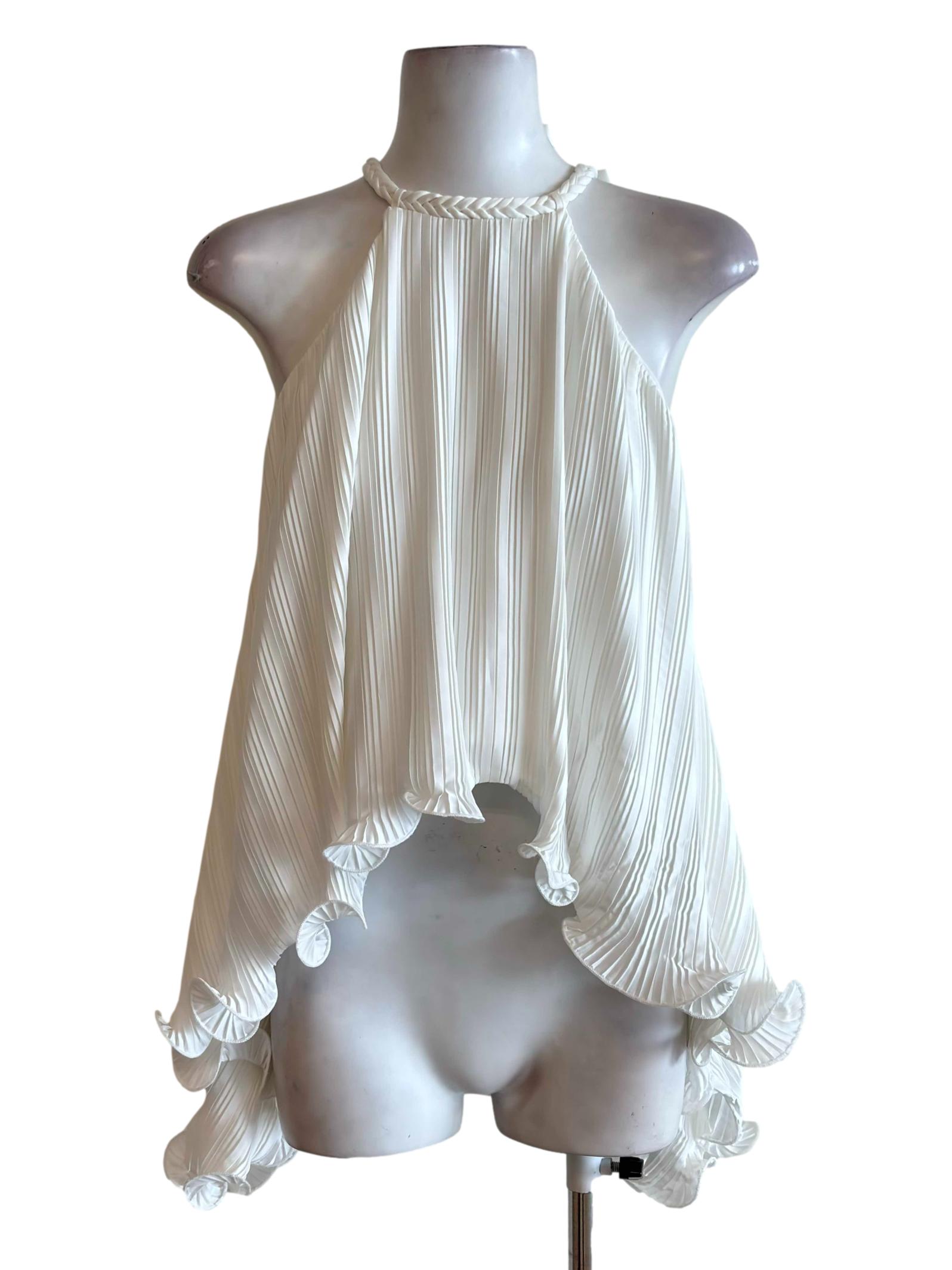 Pearl White Pleated Satin Braided Halter Top