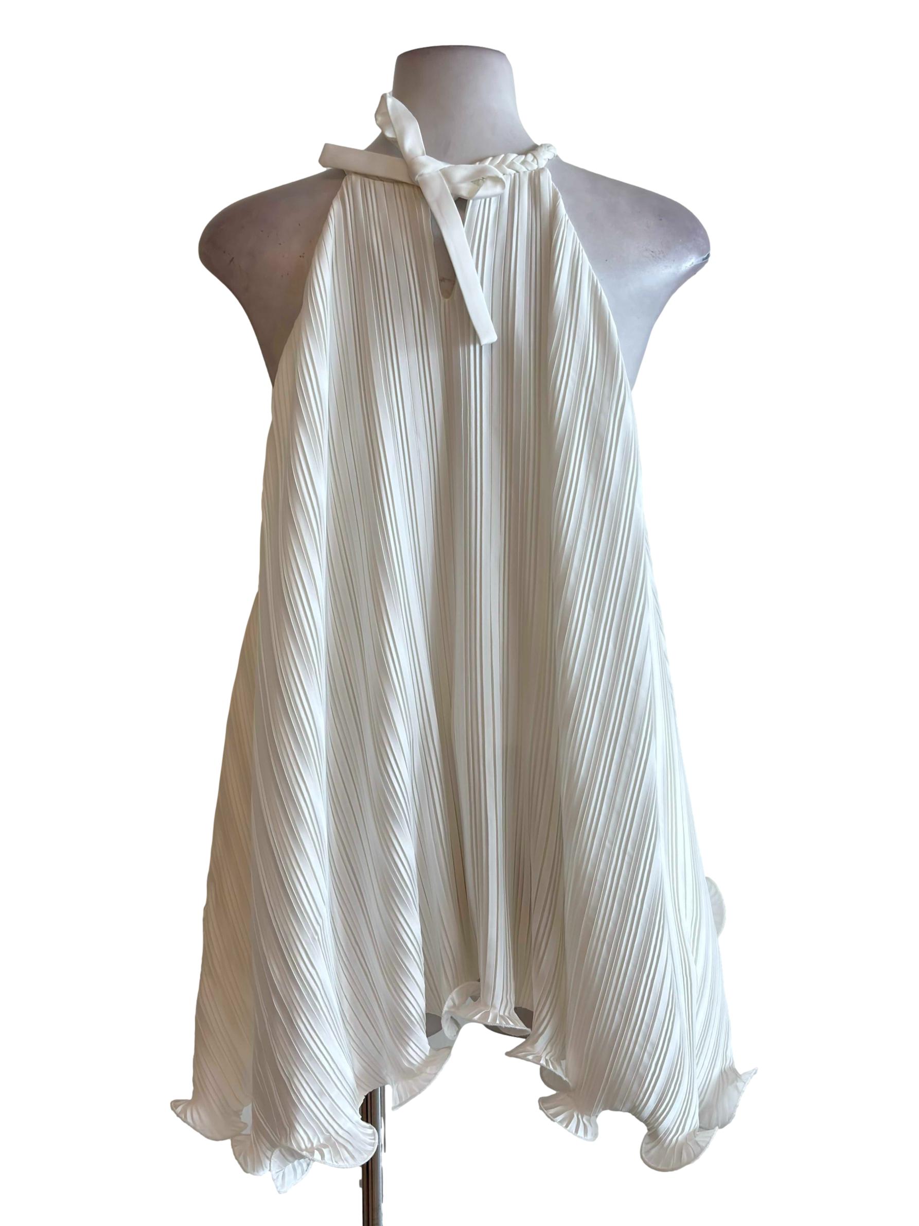 Pearl White Pleated Satin Braided Halter Top