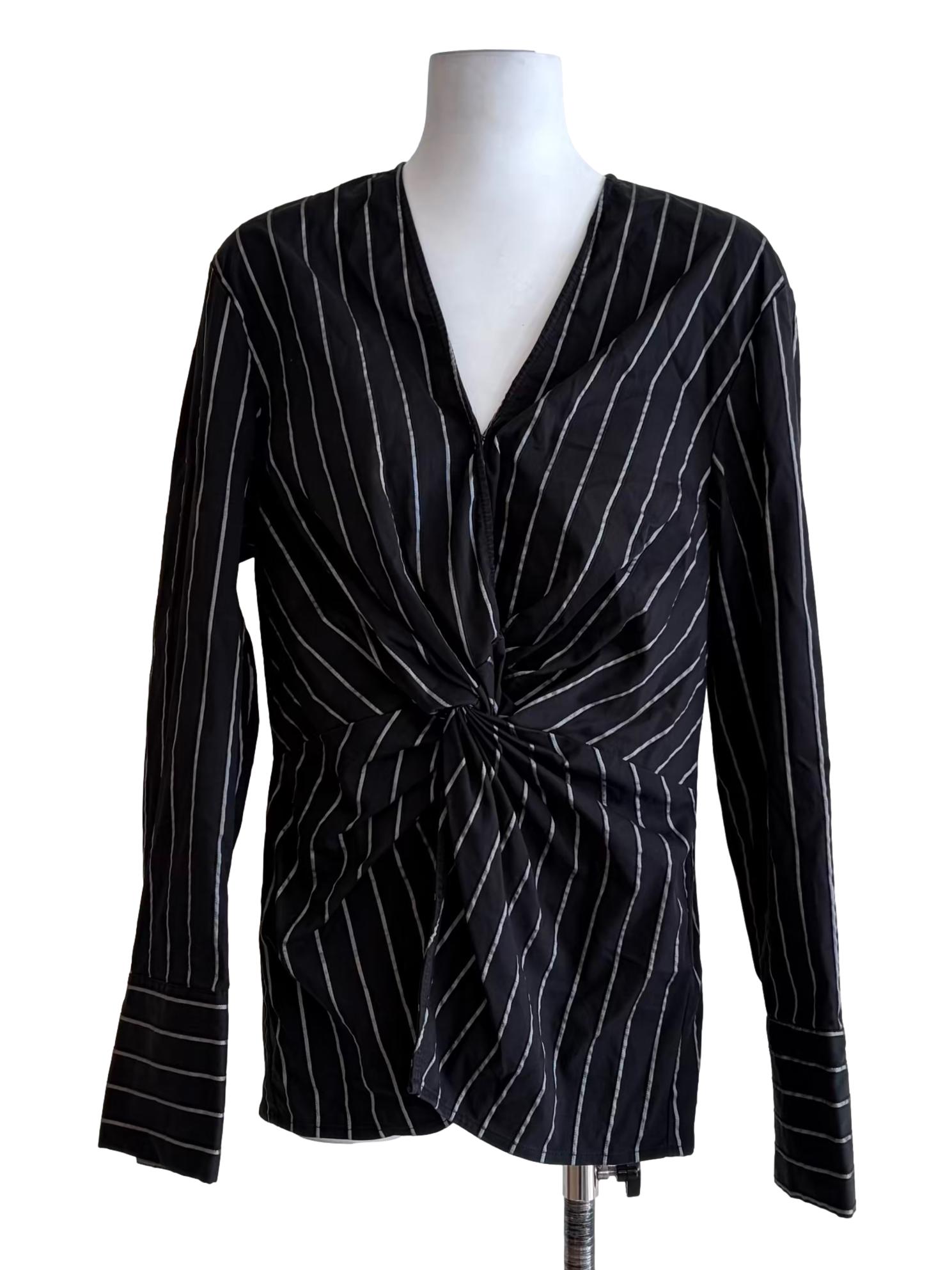 Smoke Black White Stripes Twist Front Long Sleeve Top