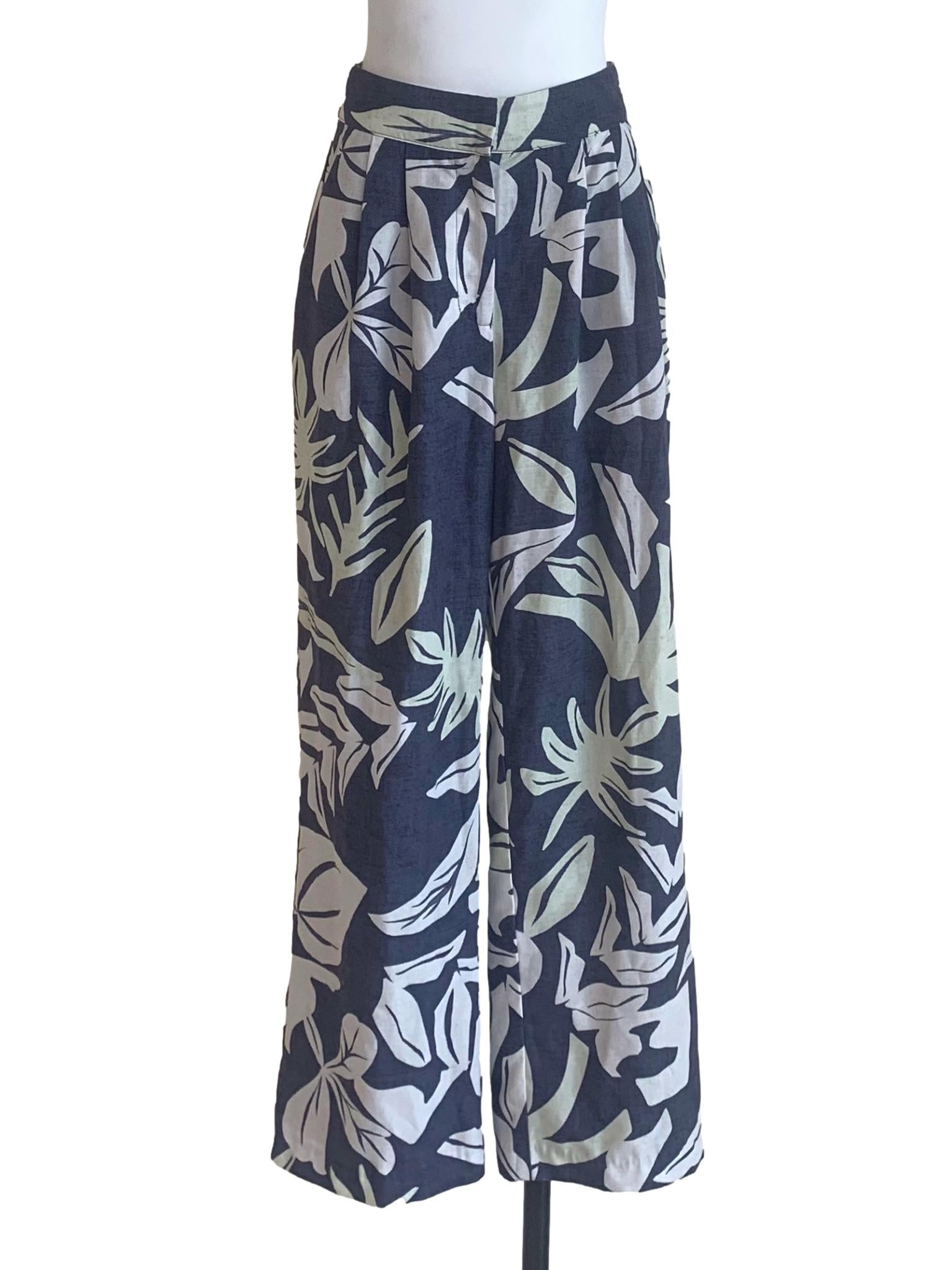 Spruce Blue Floral Pattern Wide Leg Pants LB