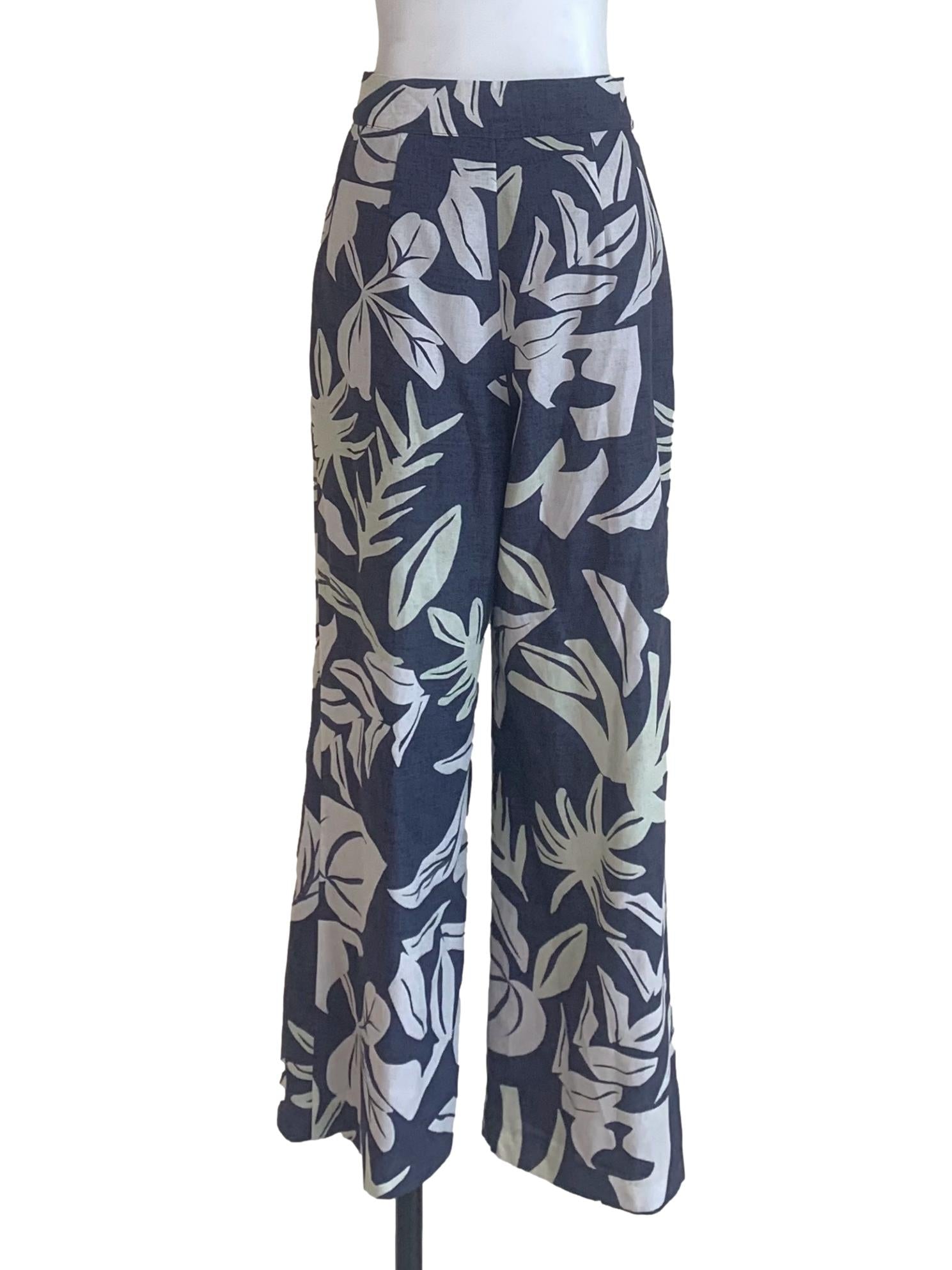 Spruce Blue Floral Pattern Wide Leg Pants LB