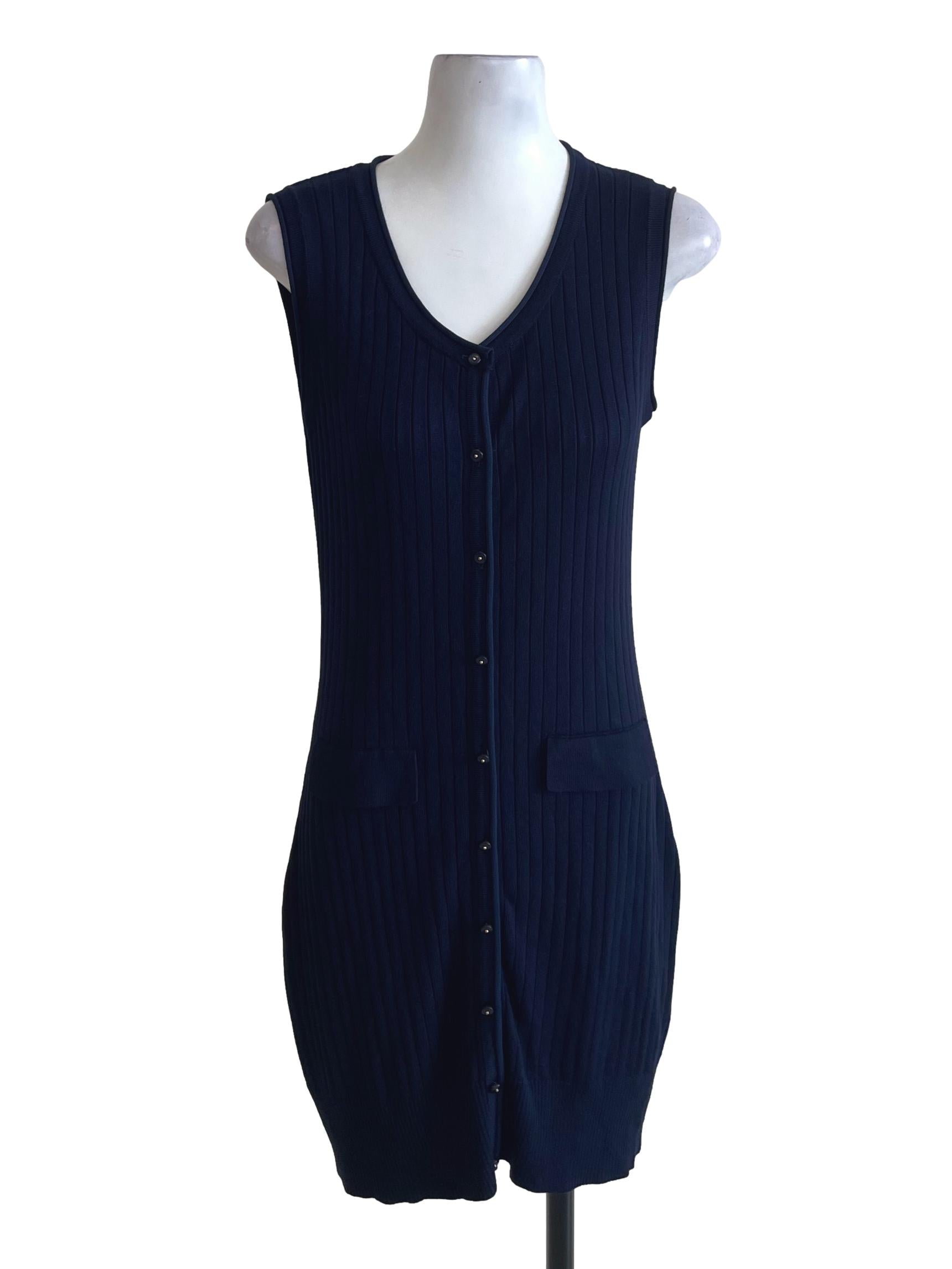 Navy Blue Button Up Ribbed Dress
