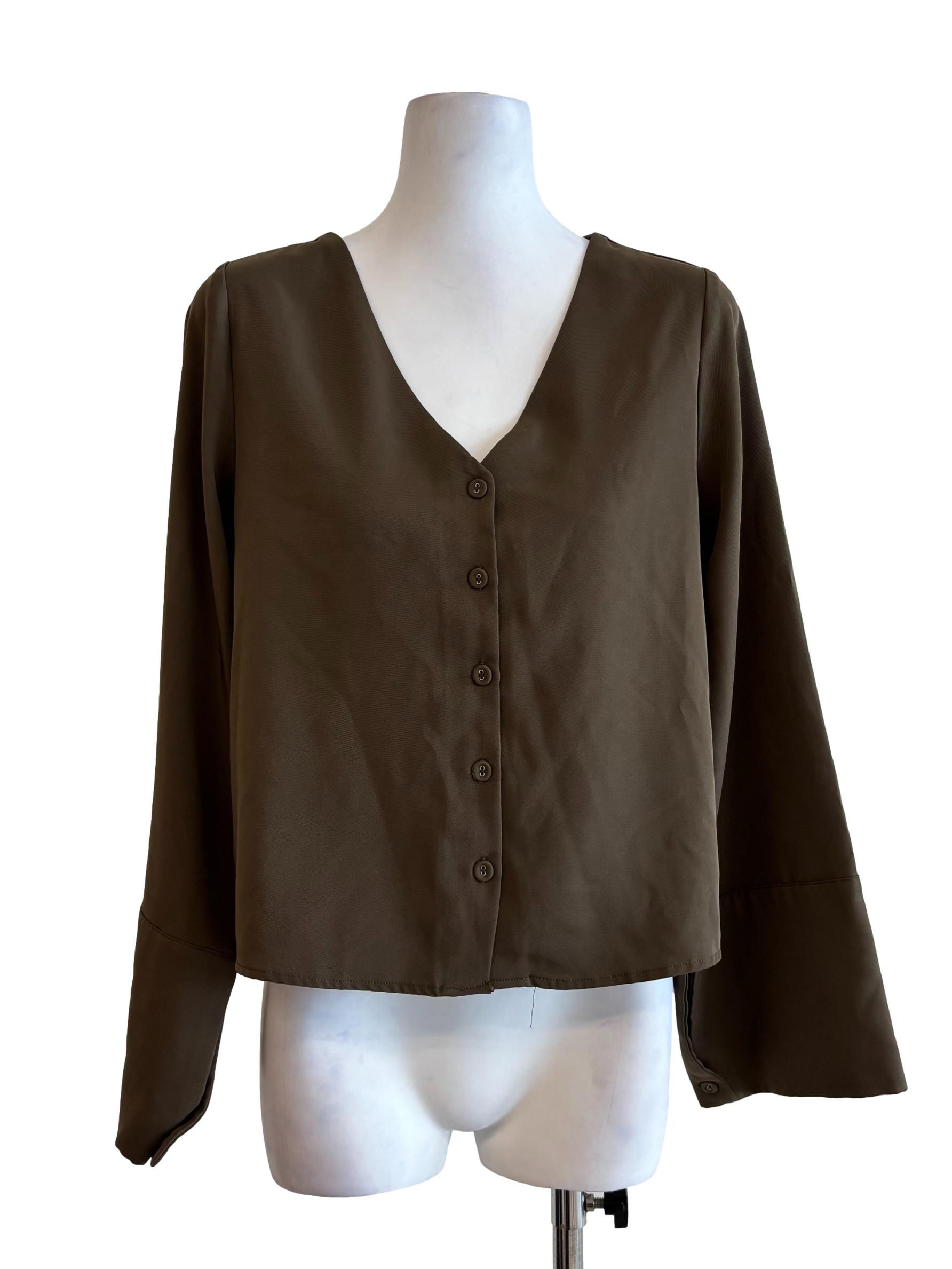 Moss Brown V-Neck Buttoned Blouse