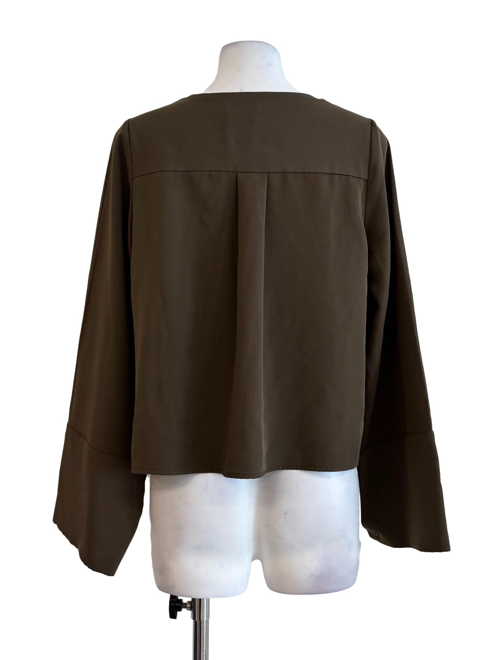 Moss Brown V-Neck Buttoned Blouse