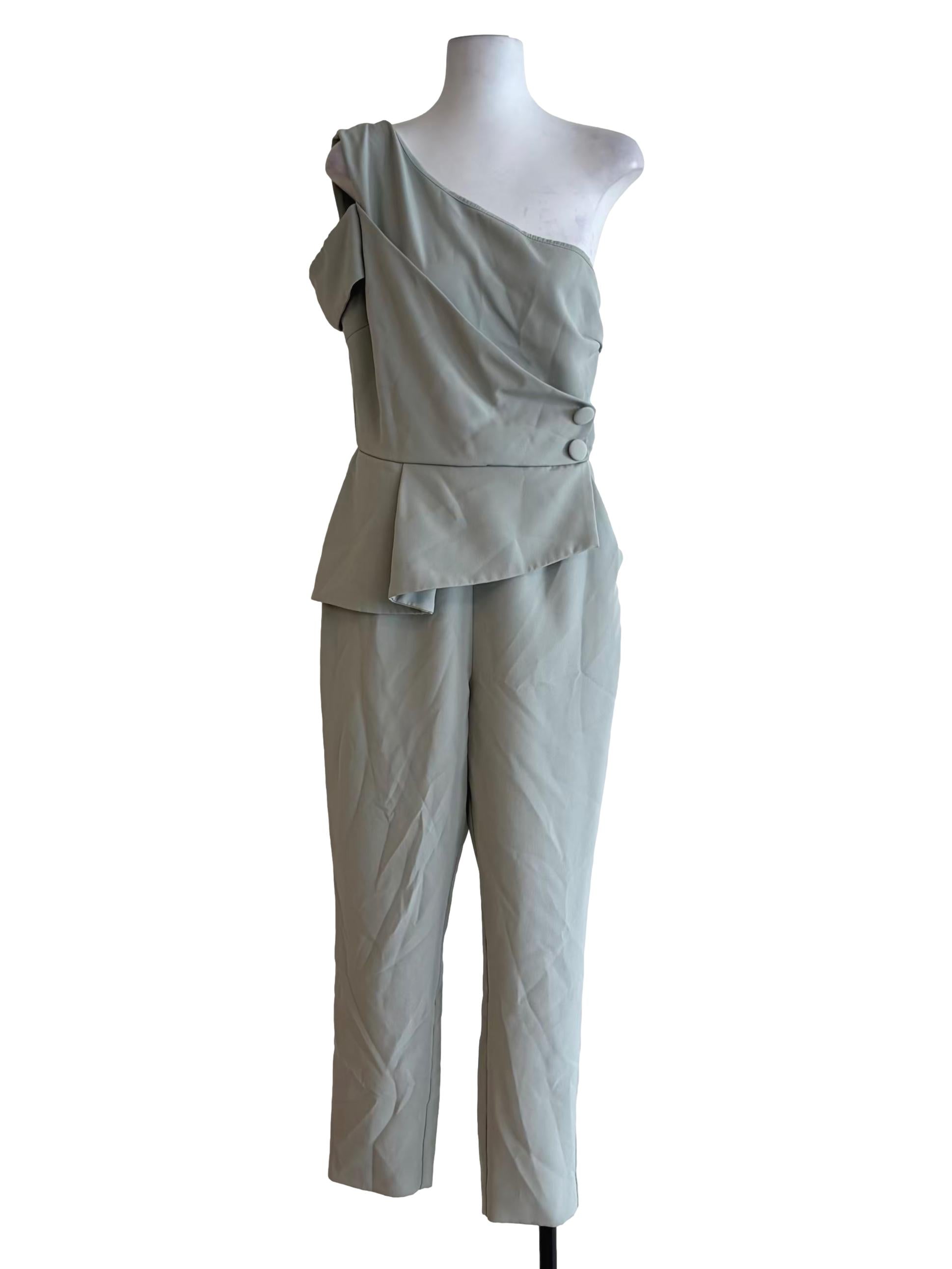 Mint Green Asymmetric Neck Buttoned Side Jumpsuit