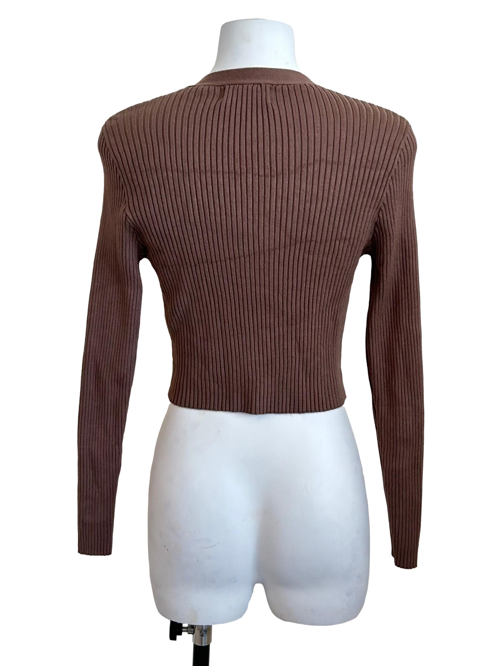 Coffee Brown V-Neck Ribbed Cropped Cardigan