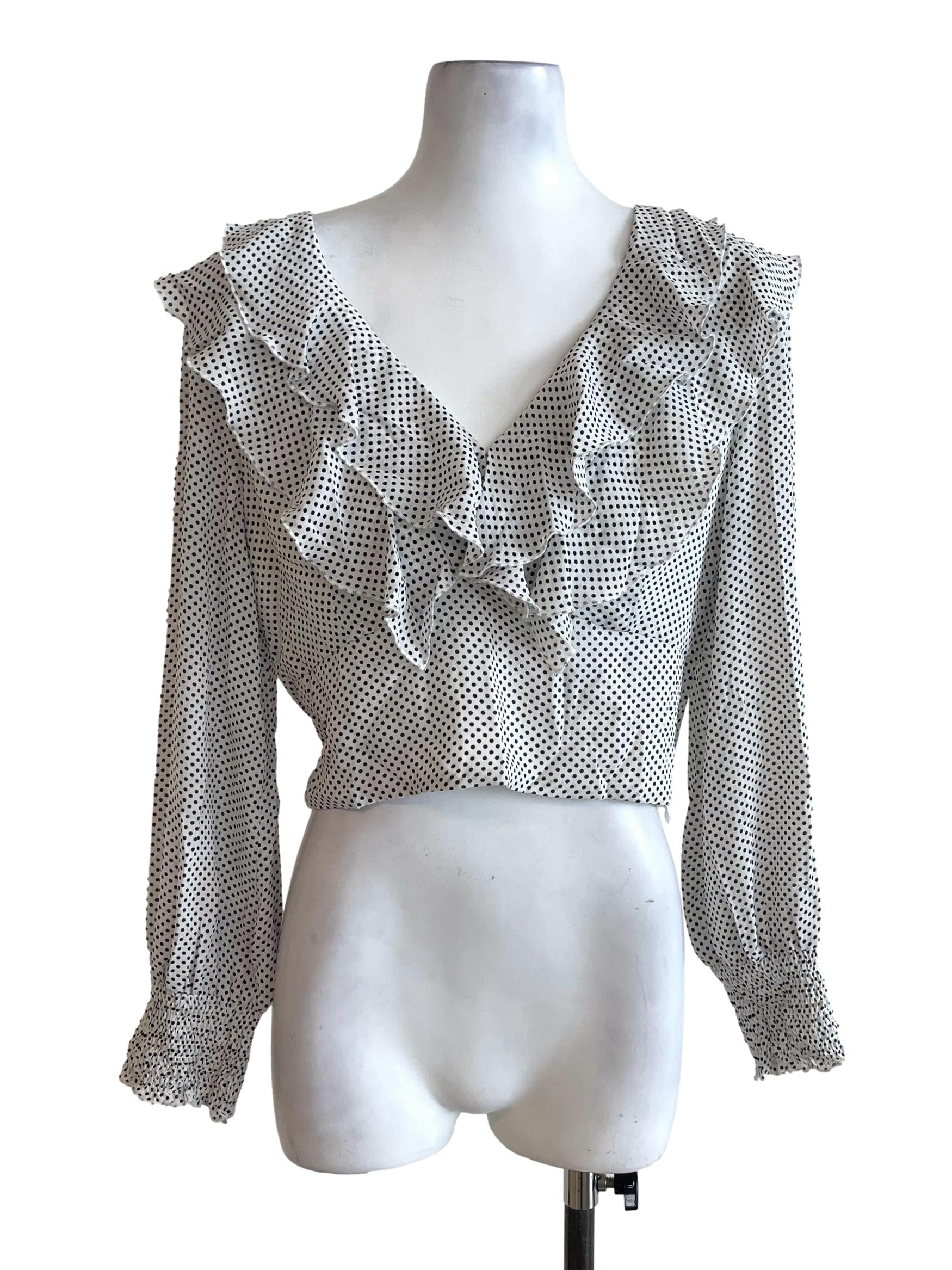 White Polka Dots V Neck Top