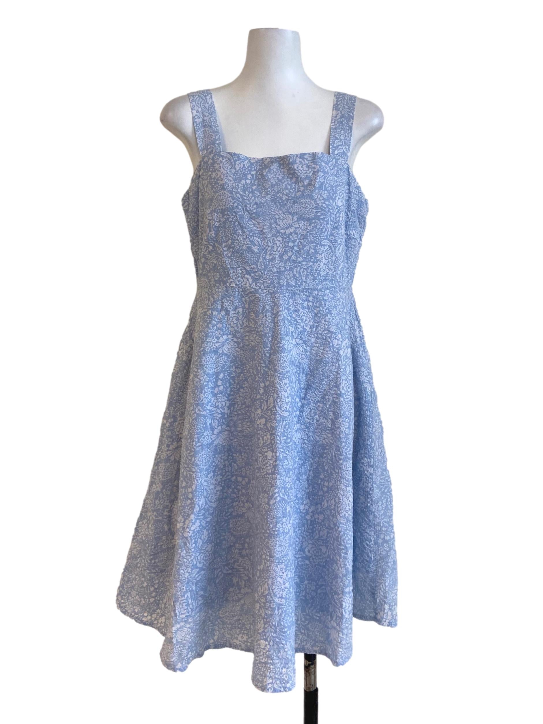 Blue & White Floral Sleeveless Apron Dress