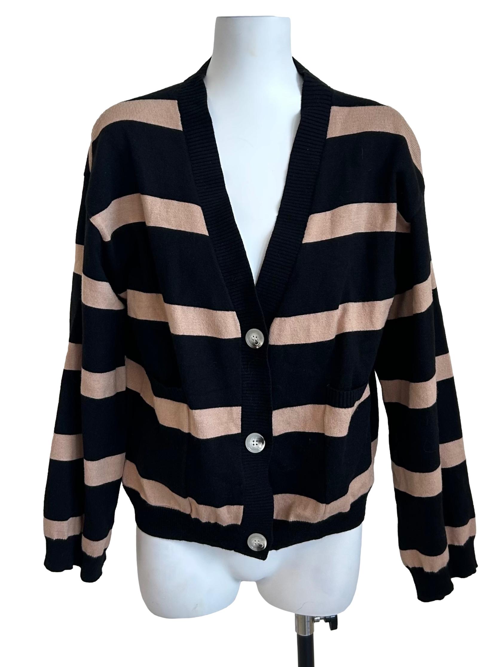 Black And Tan Striped V-Neck Cardigan TTR