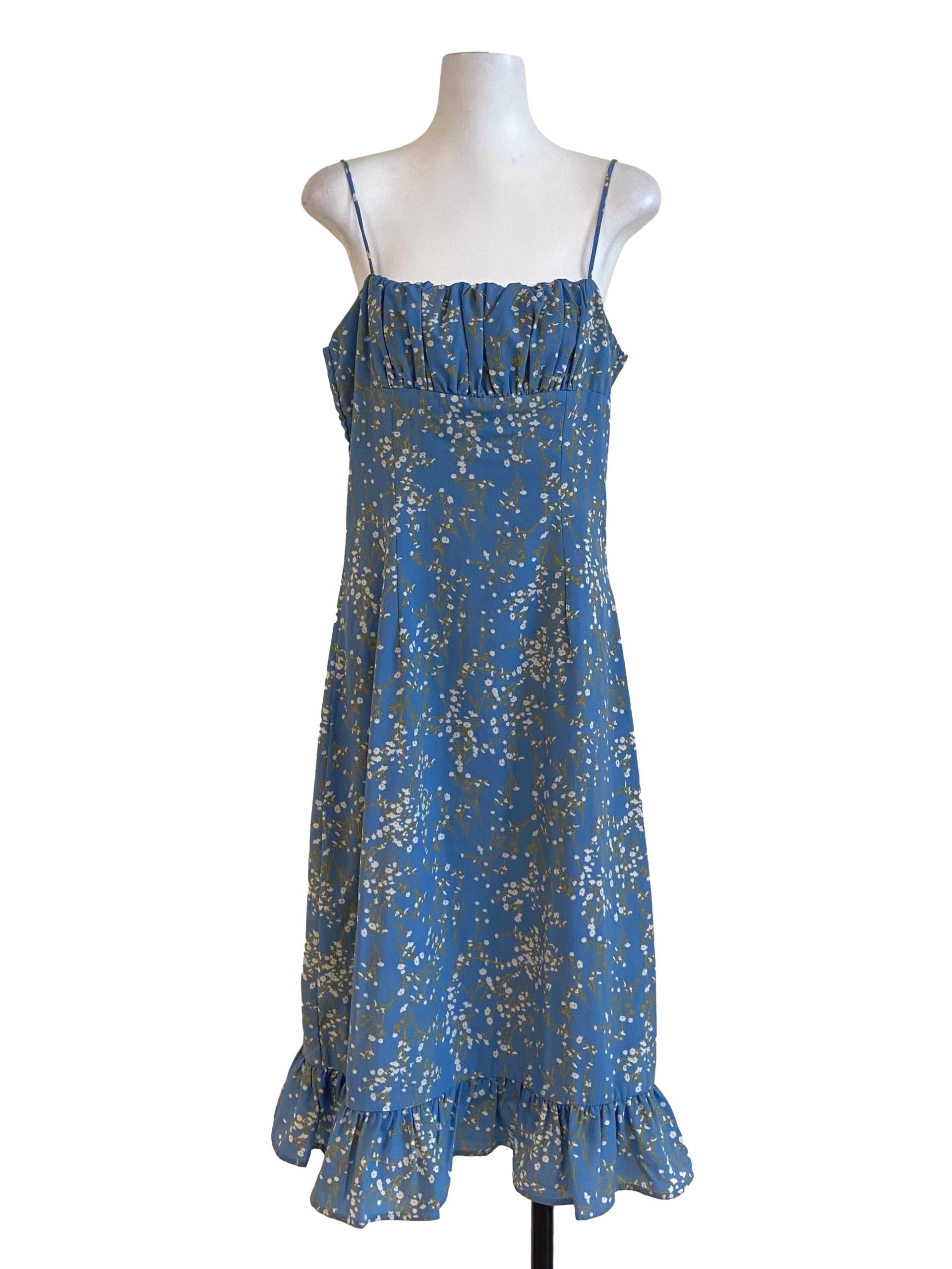 Blue Floral Spaghetti Straps Drop Waist Dress