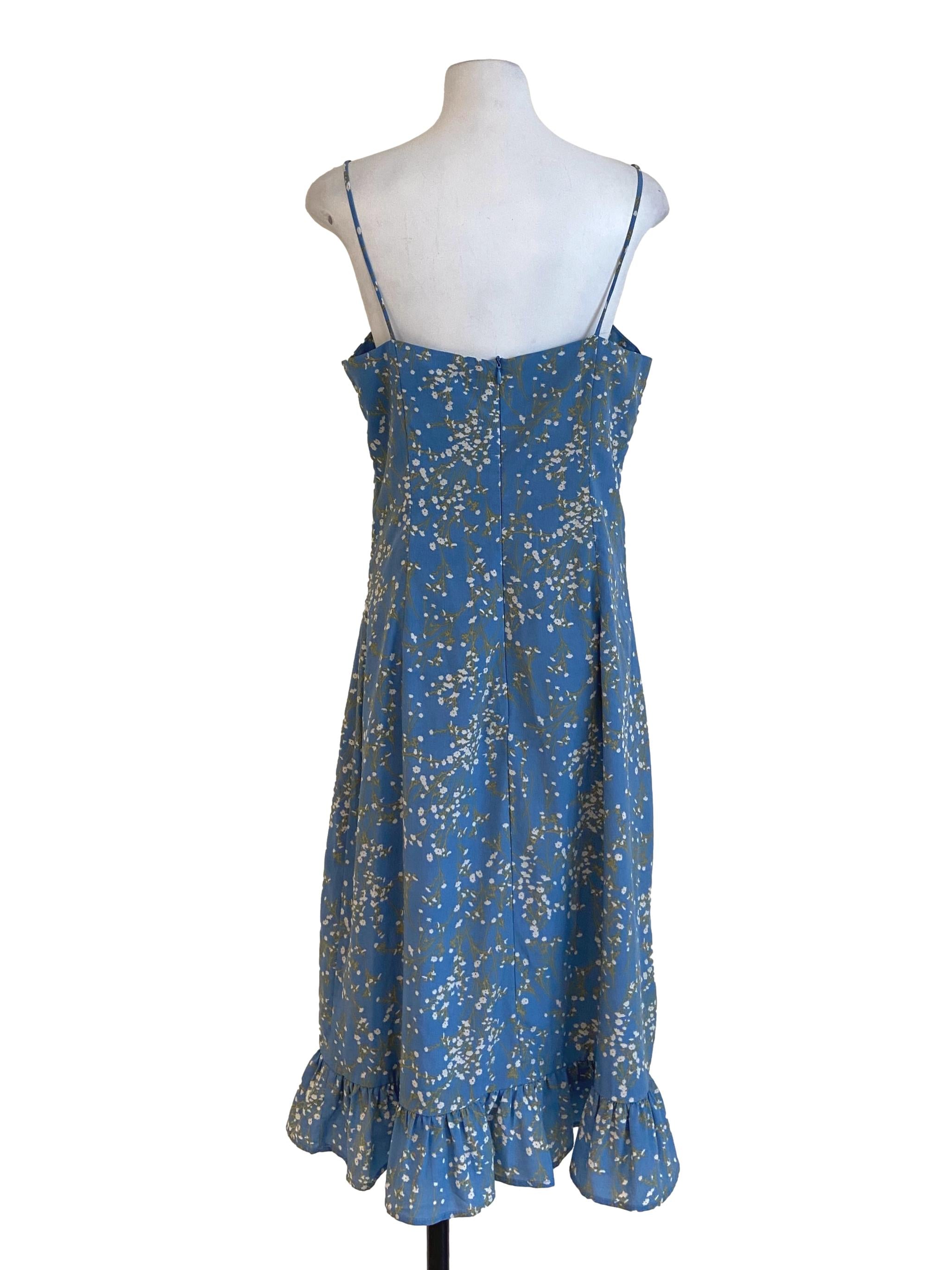 Blue Floral Spaghetti Straps Drop Waist Dress