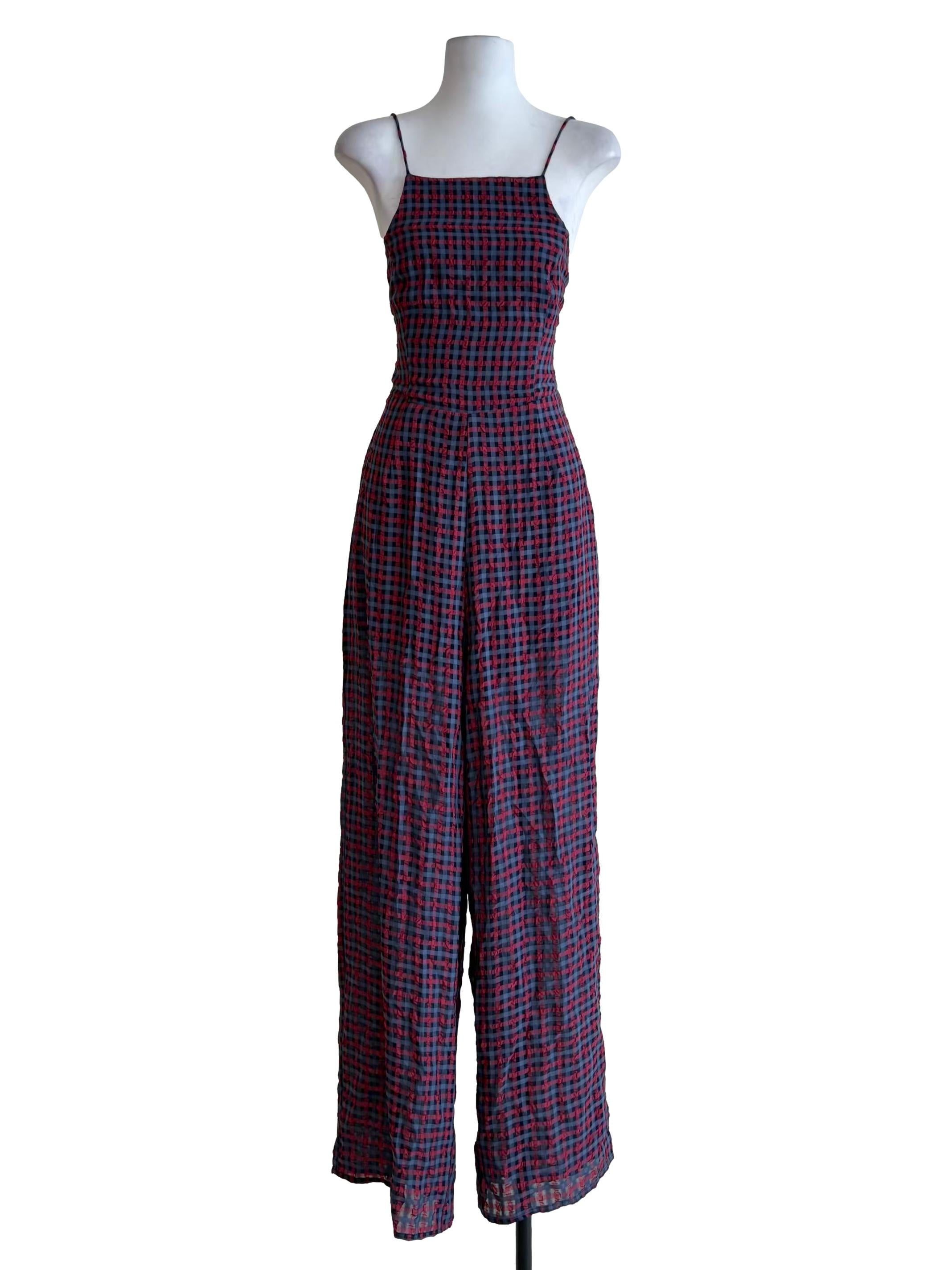 Navy Blue Plaid Jumpsuit