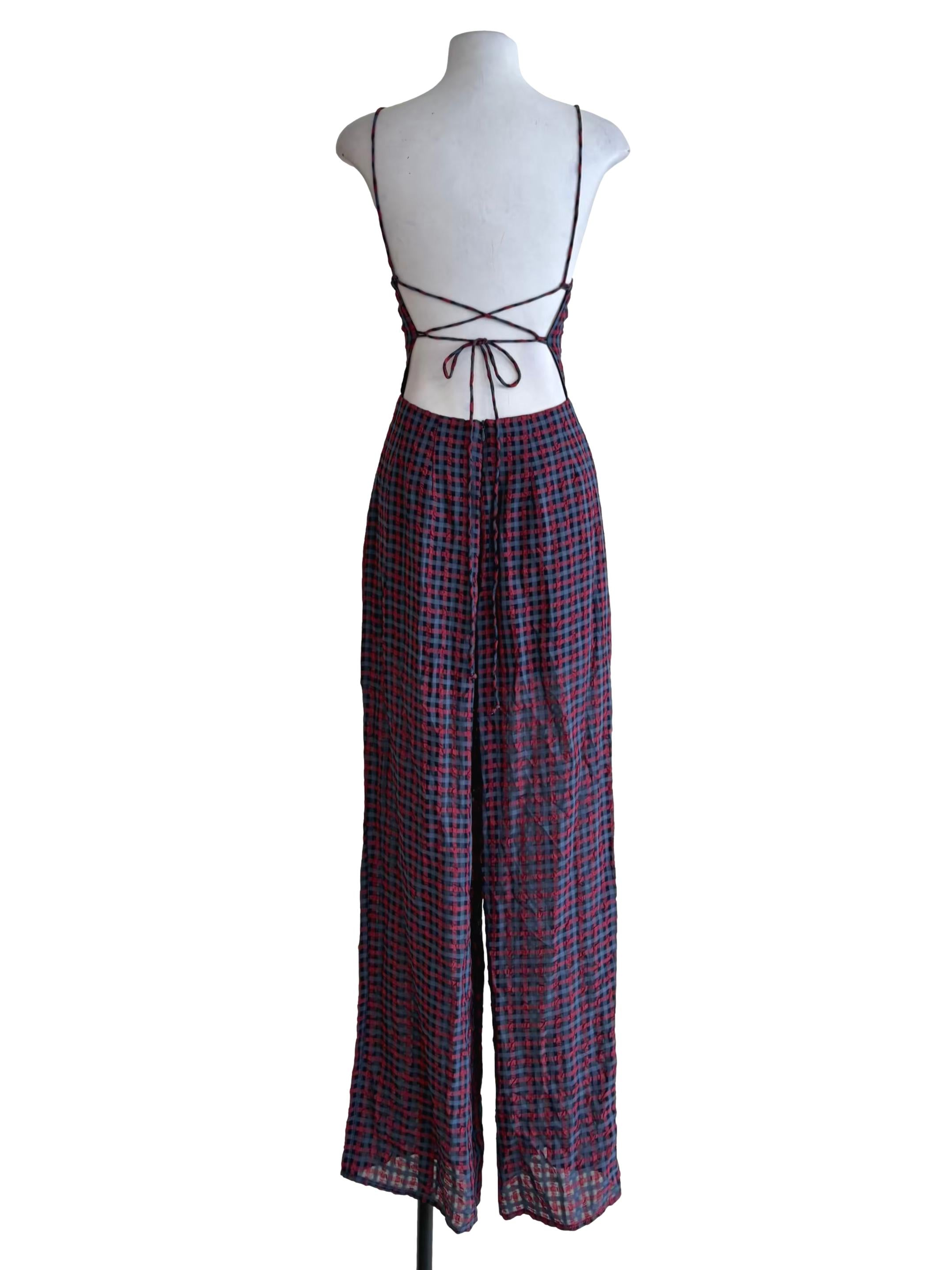 Navy Blue Plaid Jumpsuit