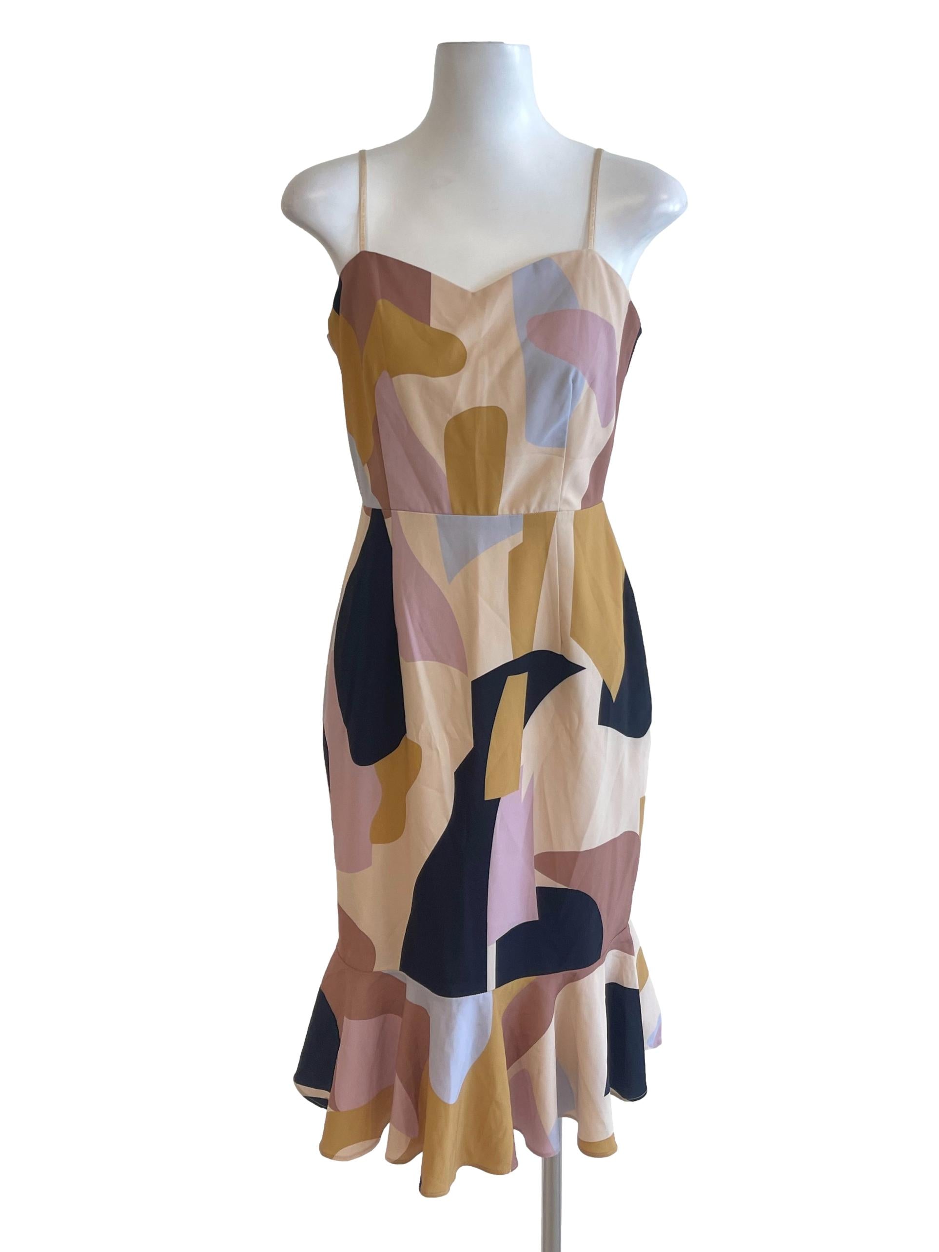 Sepia Abstract Color Block Flounced Dress