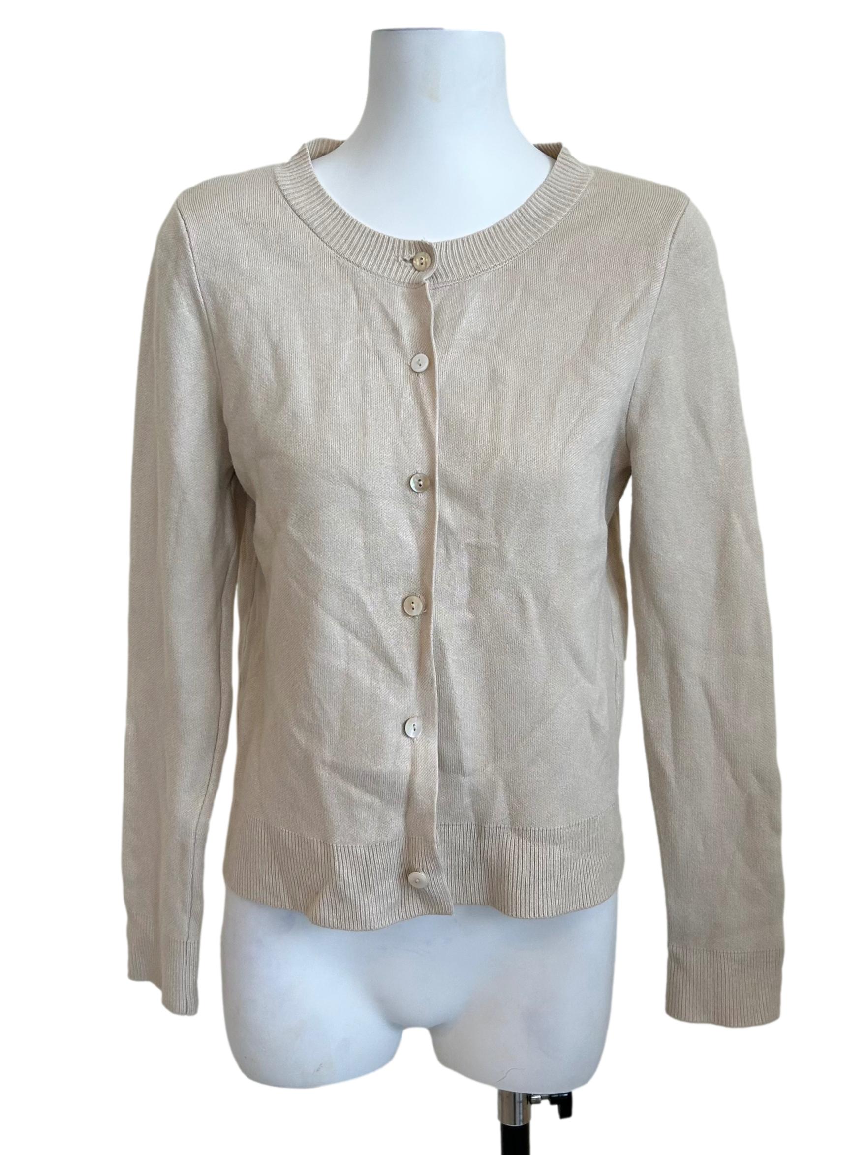 Bone White Crew Neck Button-Front Cardigan