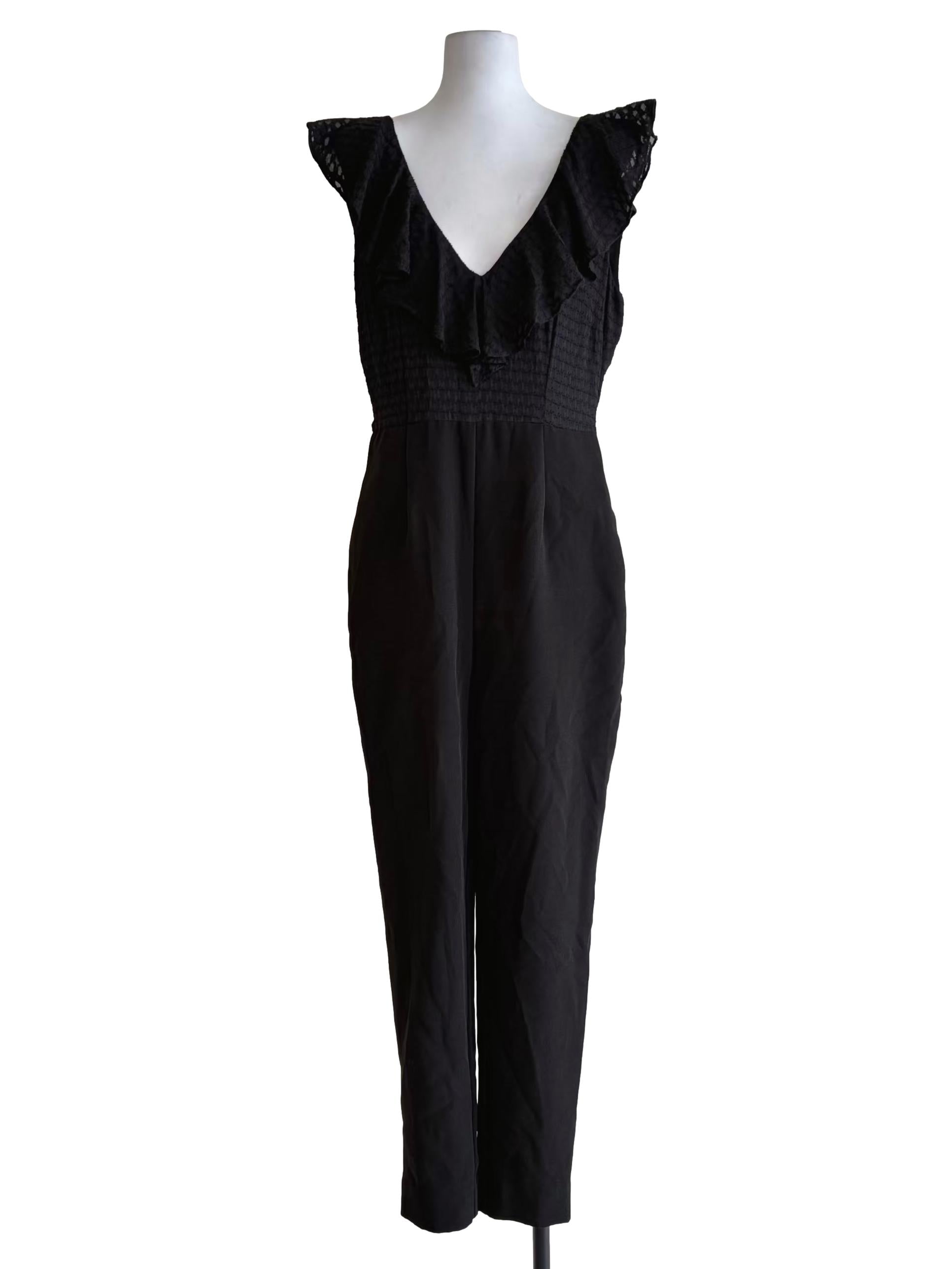 Midnight Black Front Flutter Laced Jumpsuit