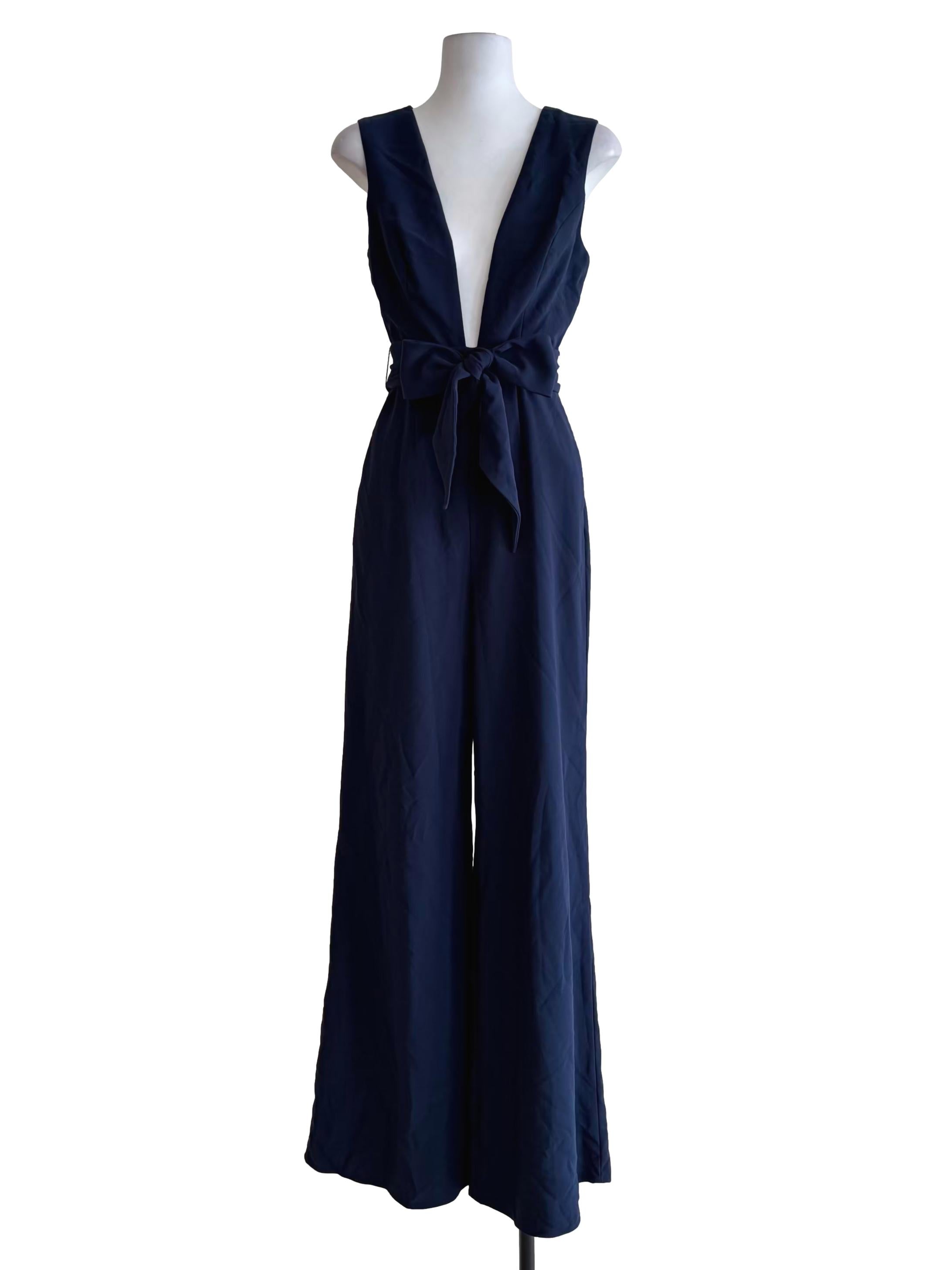 Navy Blue Ribbon Tied Front Jumpsuit