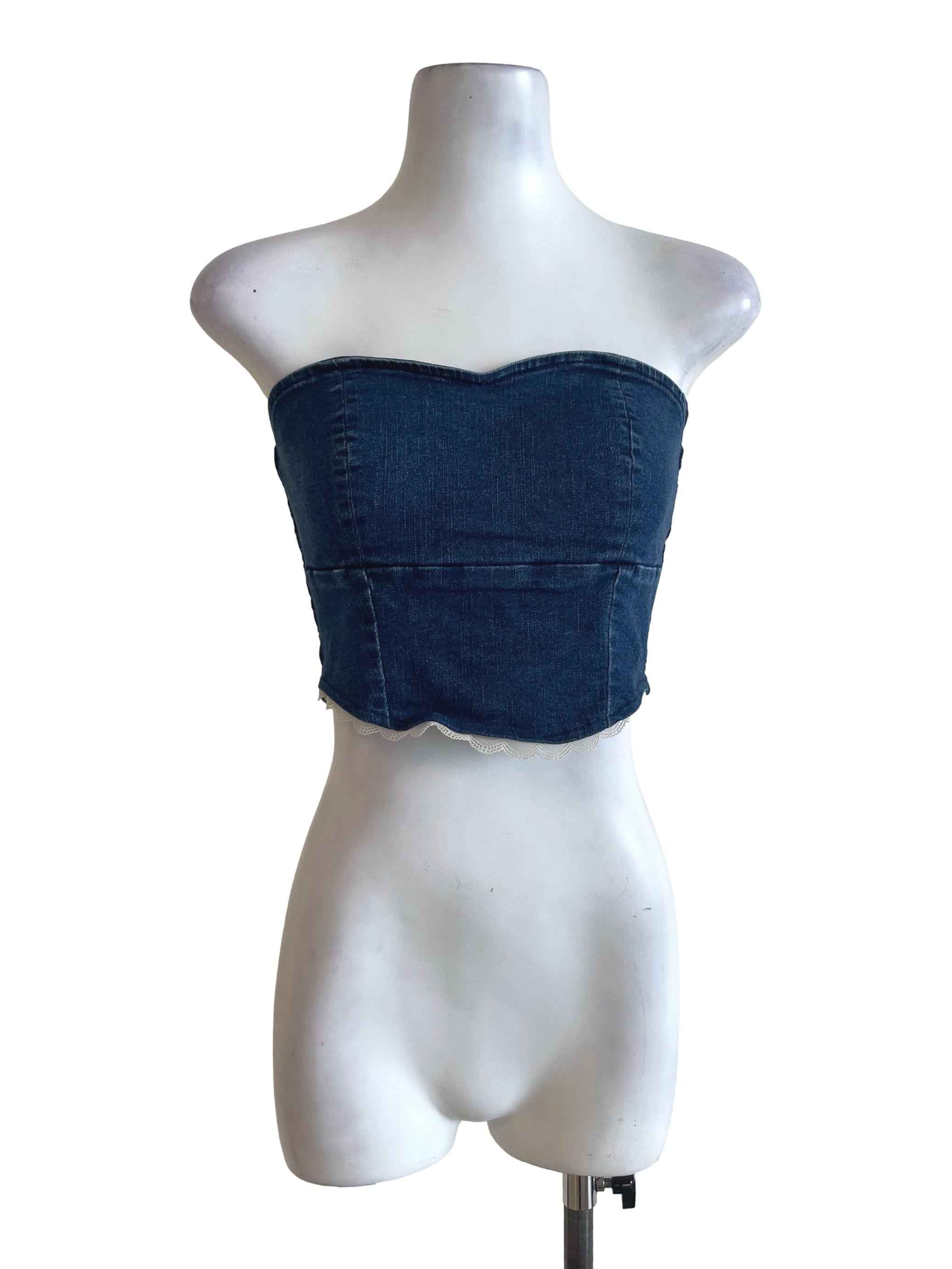 Blue Denim Strapless Crop Top