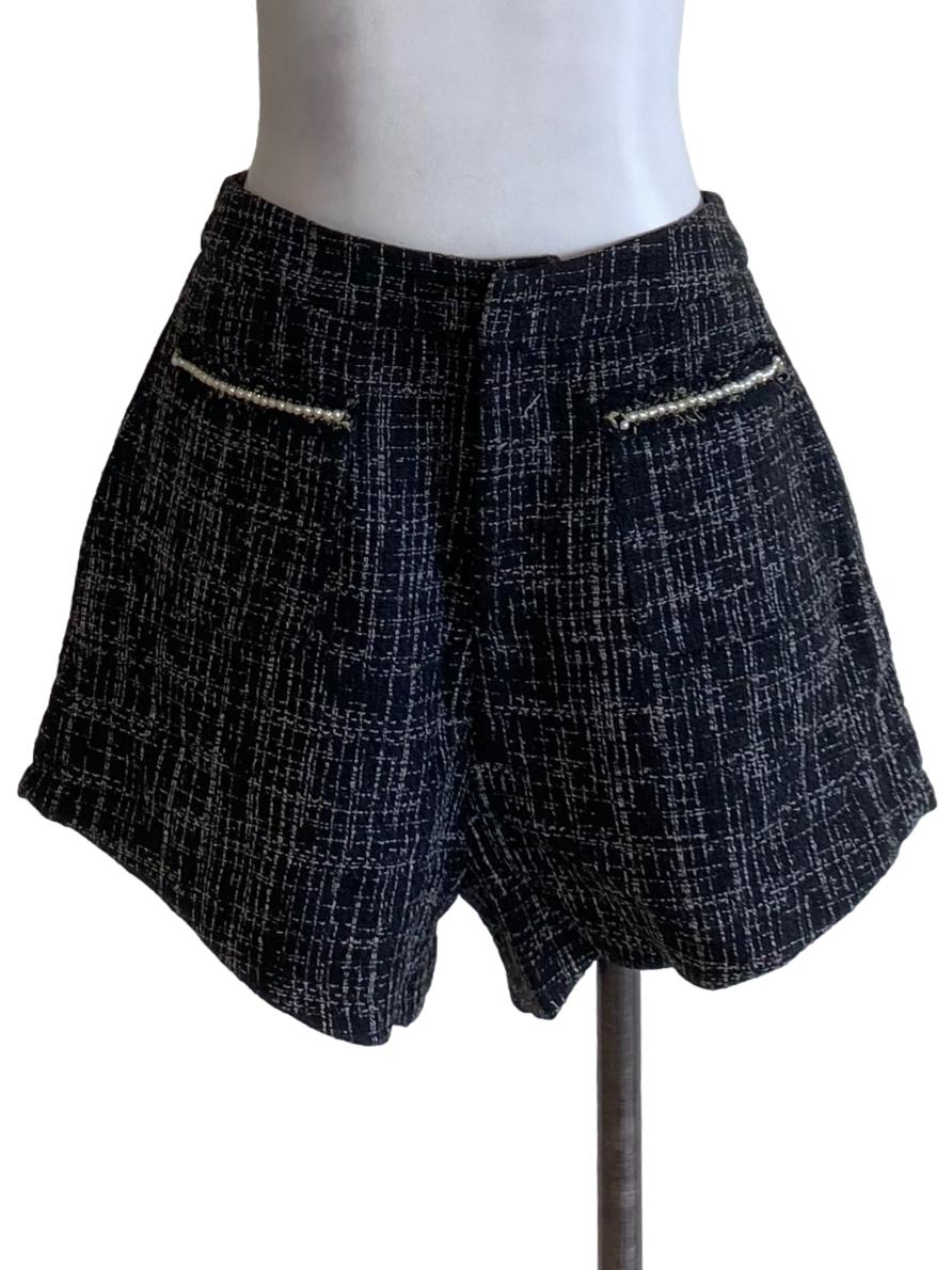 Deep Black Boucle Buttoned Waist Shorts