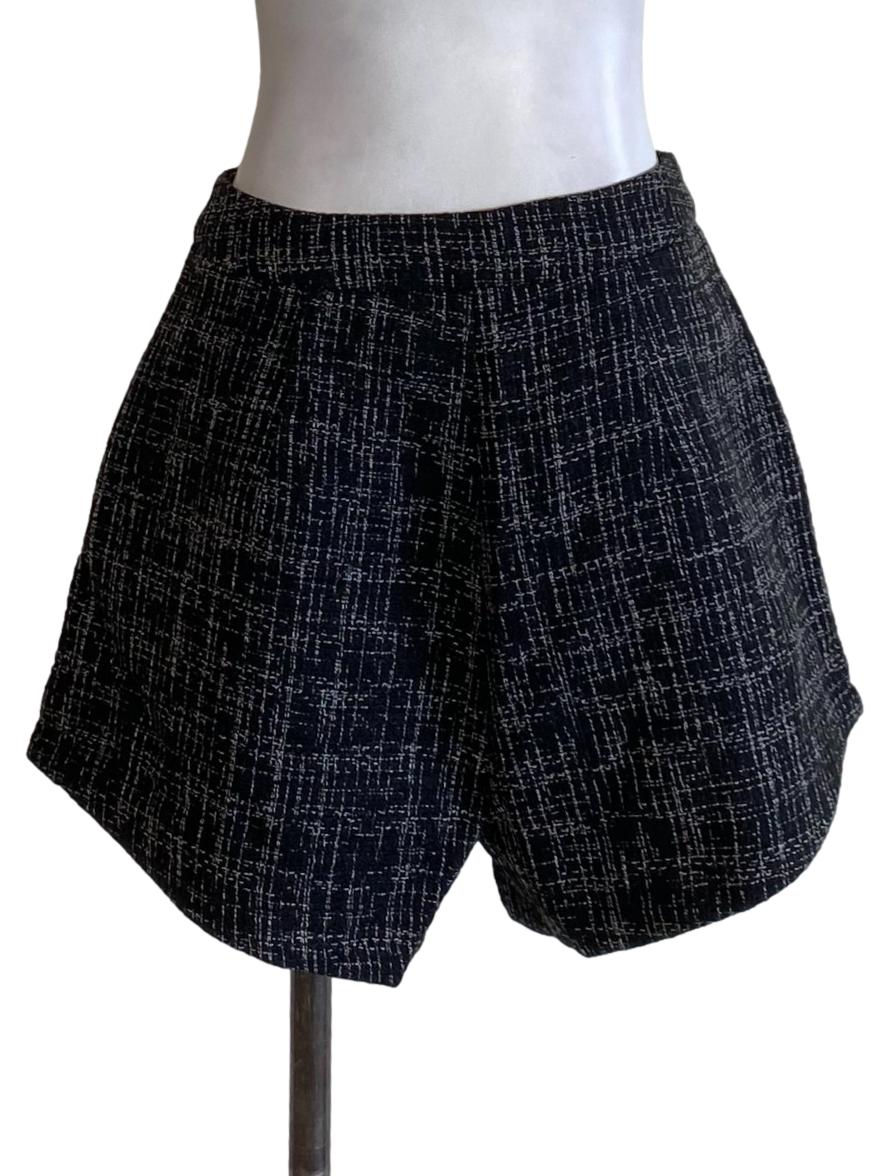 Deep Black Boucle Buttoned Waist Shorts