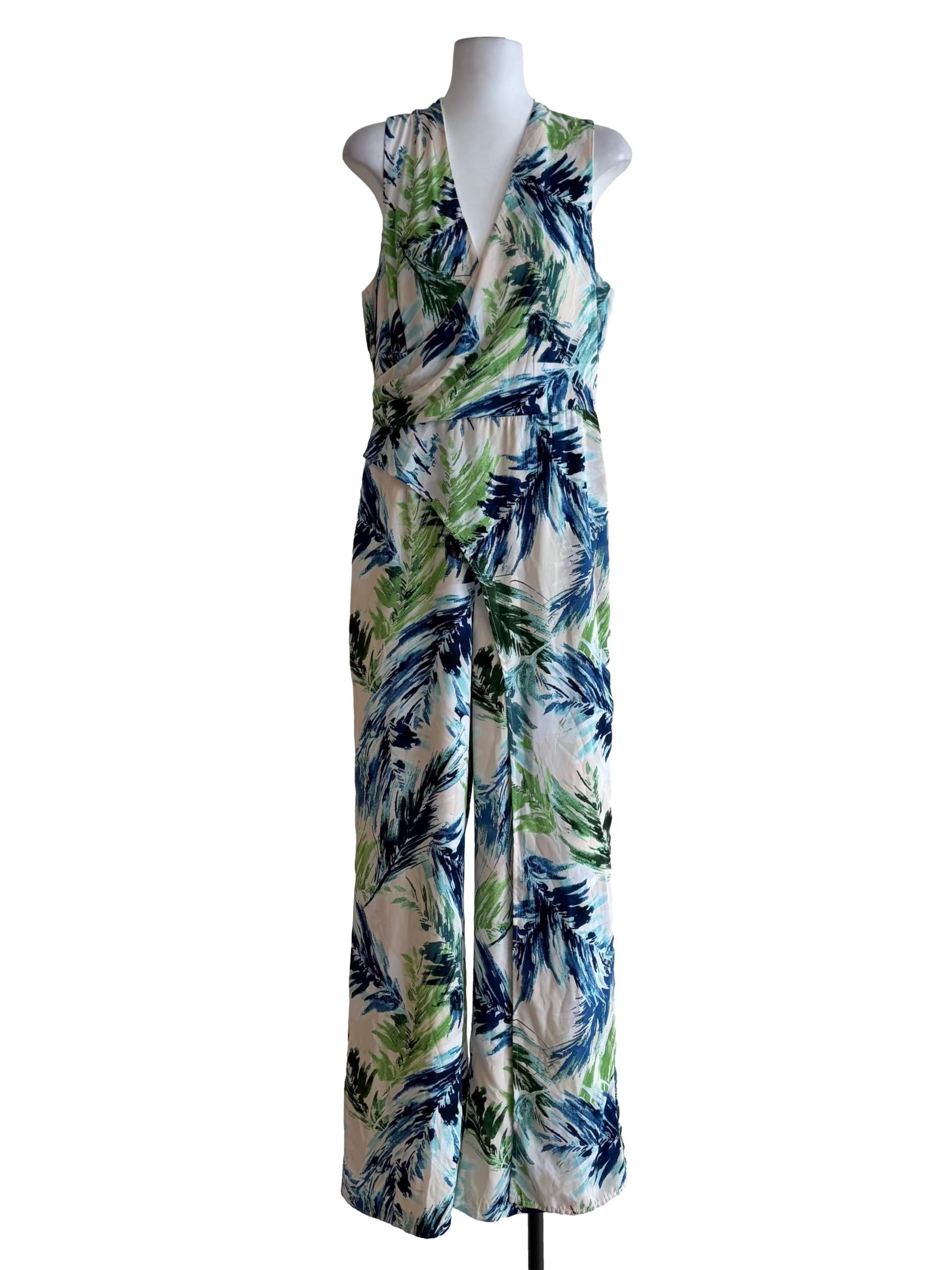 Dove White Blue And Green Leaf Motive Jumpsuit