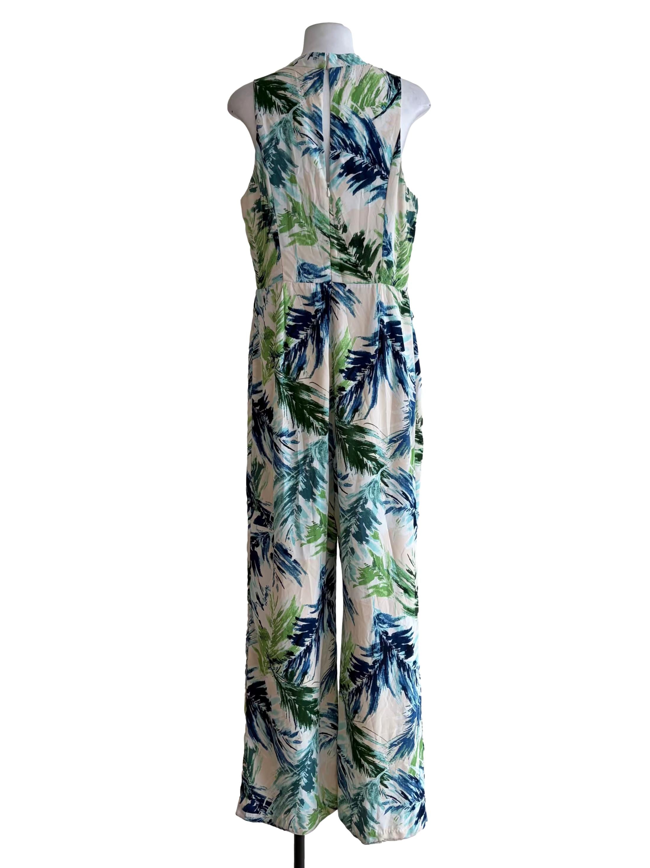 Dove White Blue And Green Leaf Motive Jumpsuit