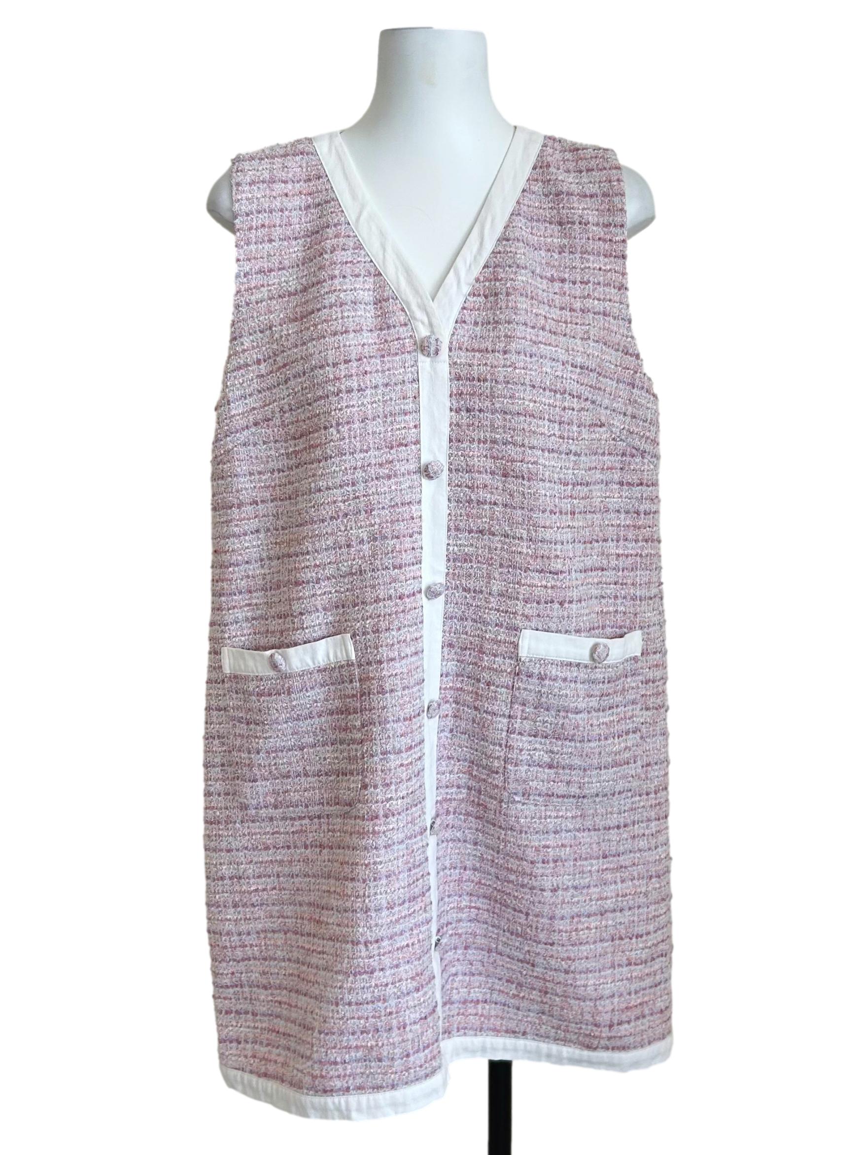 Pink Tweed V-Neck Button Front Vest Dress TCL