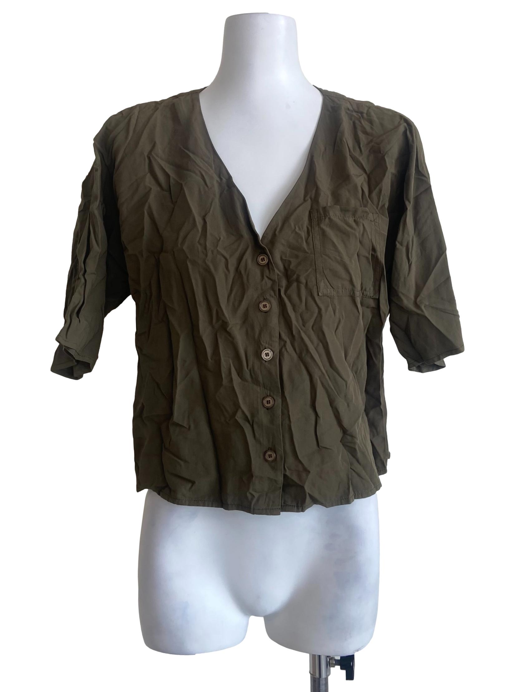 Crocodile Green Button Down Batwing Sleeve Blouse