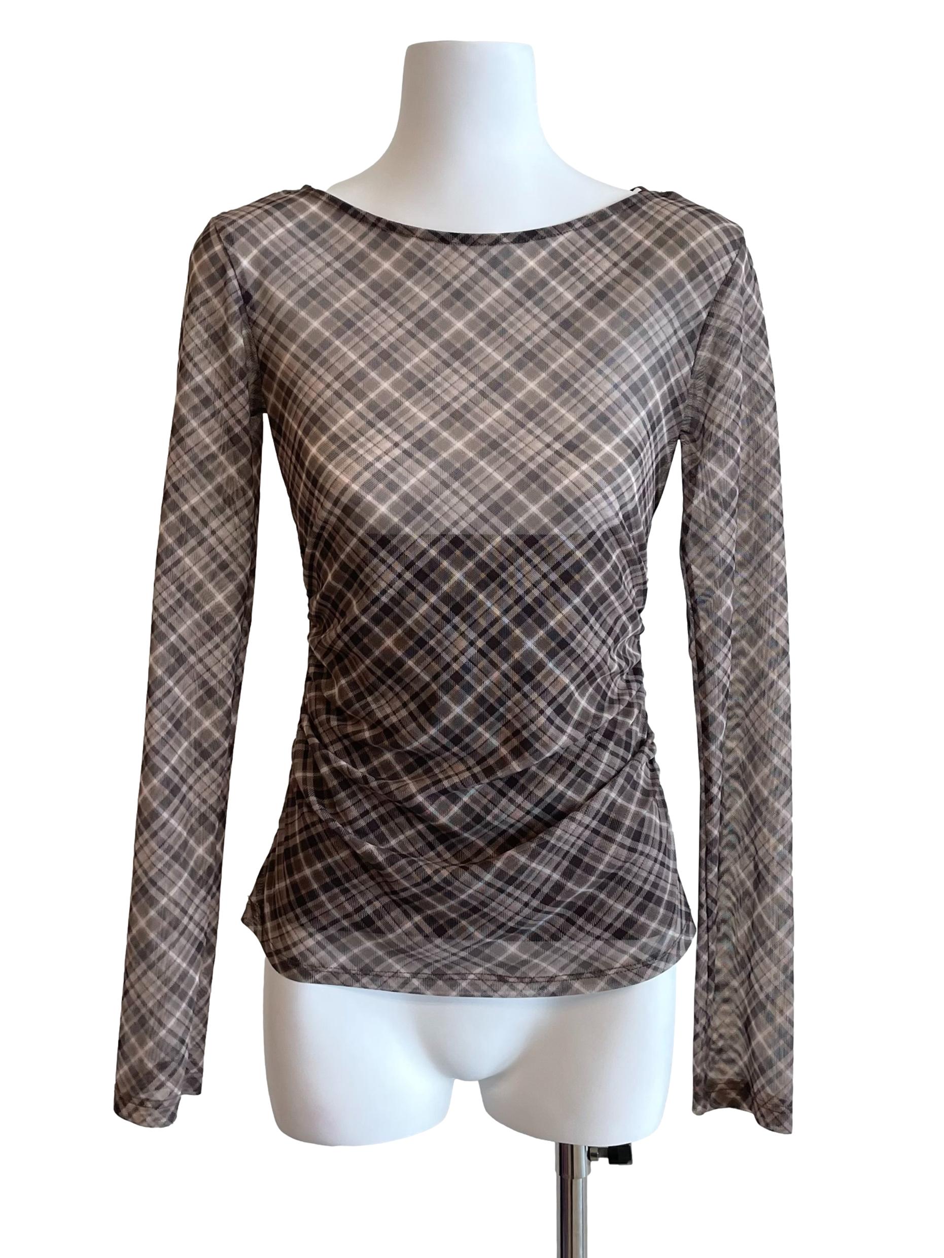 Peanut Checker Draped Mesh Top