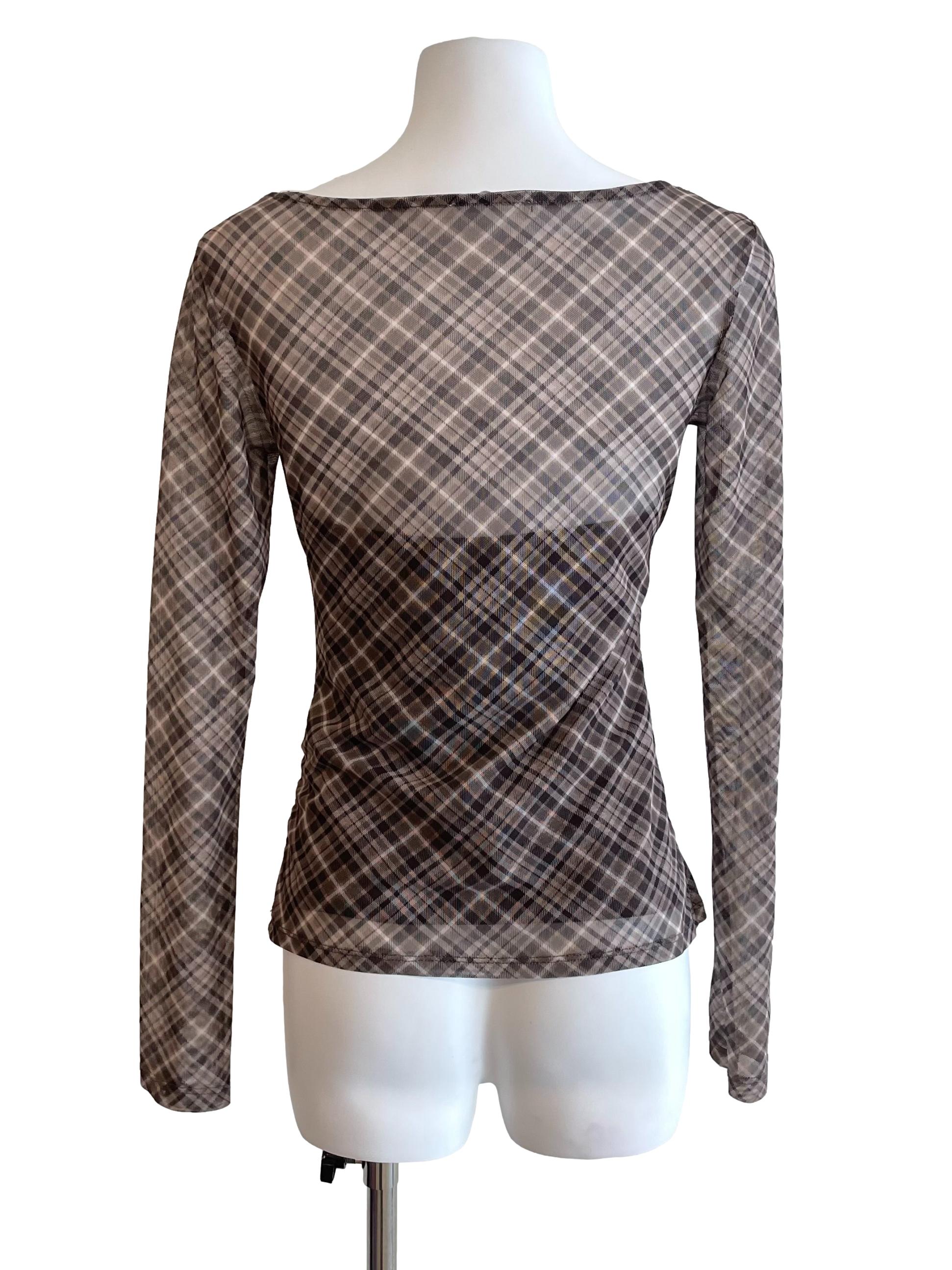 Peanut Checker Draped Mesh Top