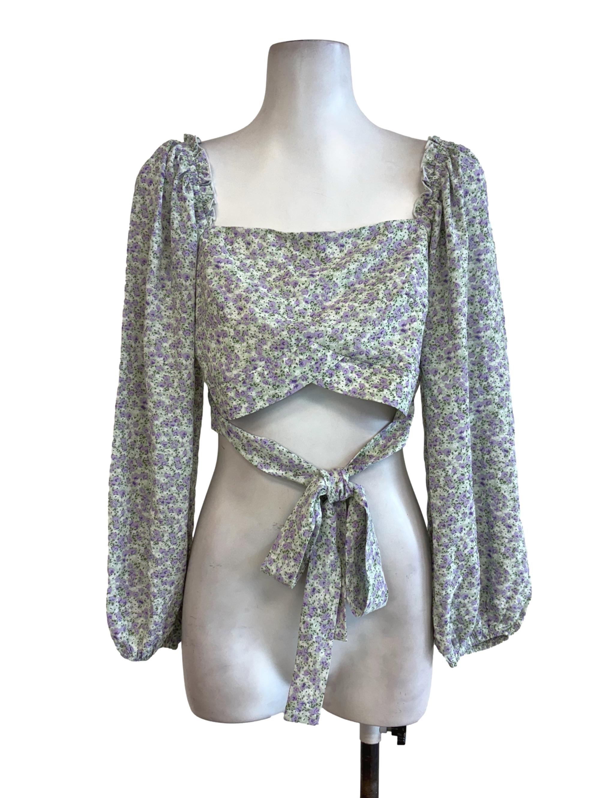Green Floral Puffed Sleeves Crop Top